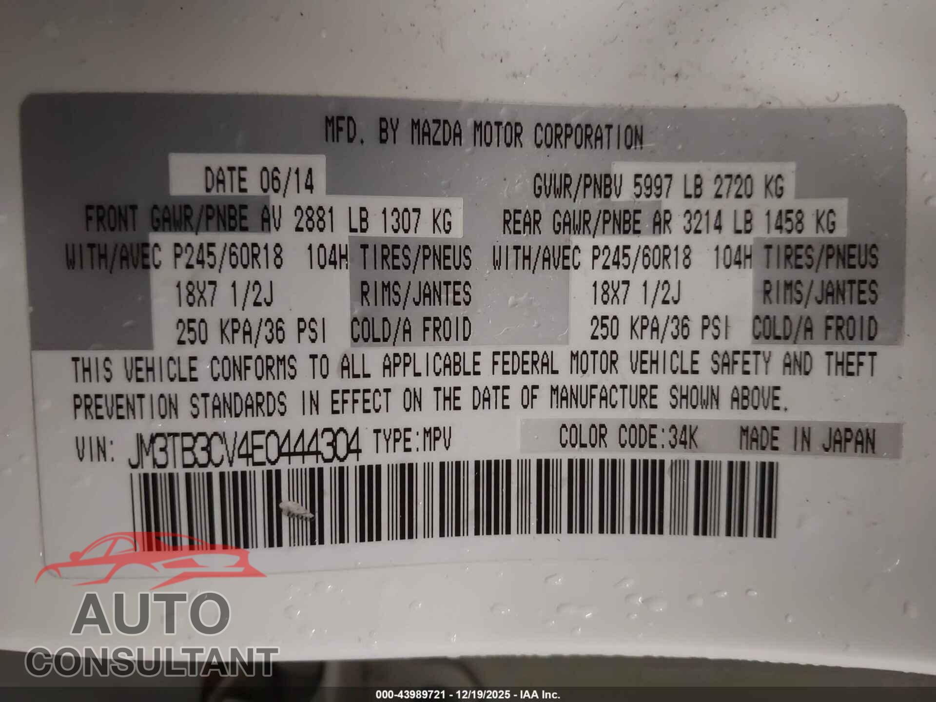 MAZDA CX-9 2014 - JM3TB3CV4E0444304