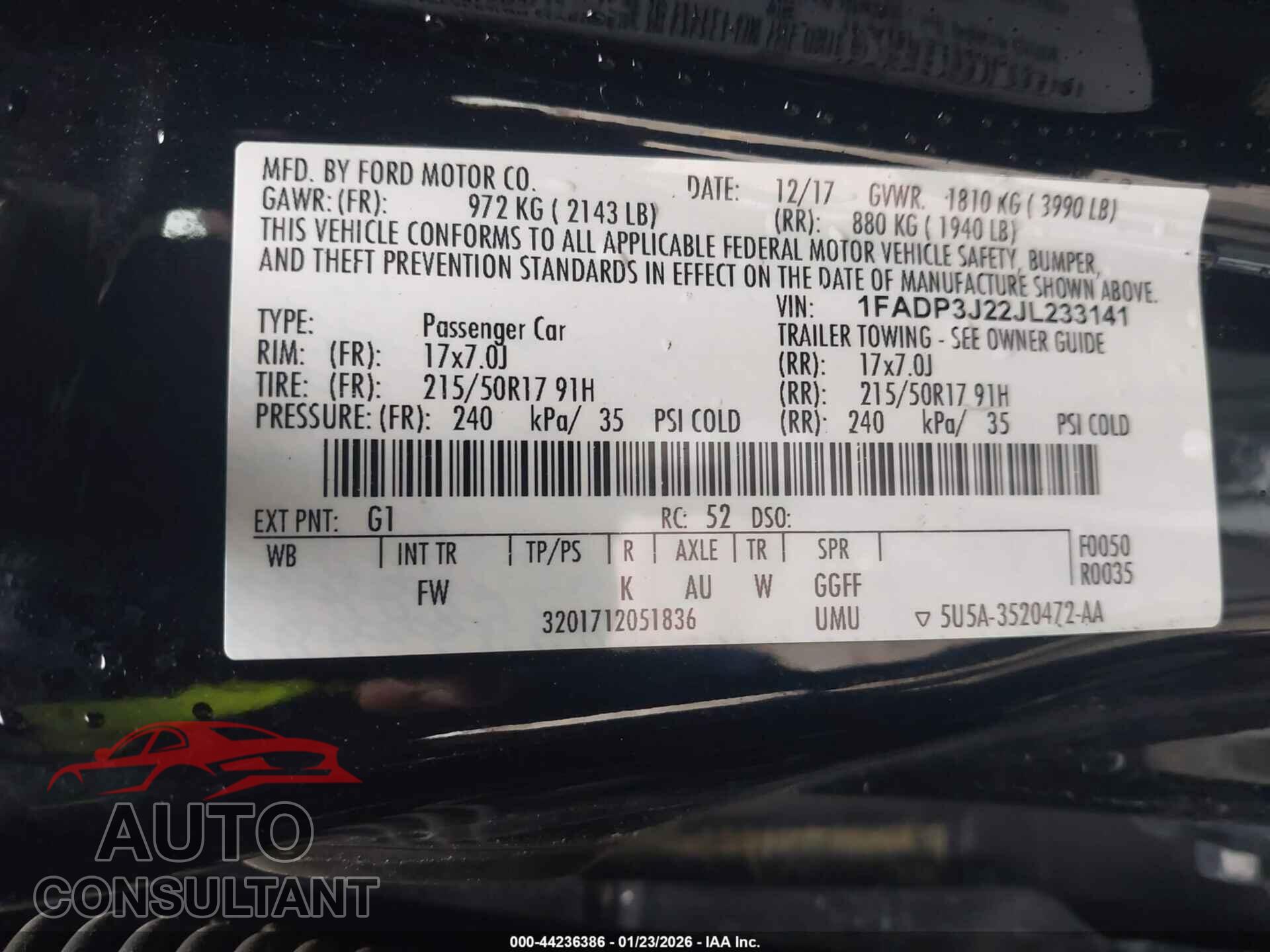 FORD FOCUS 2018 - 1FADP3J22JL233141