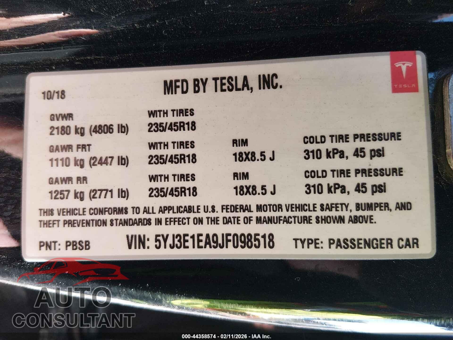TESLA MODEL 3 2018 - 5YJ3E1EA9JF098518
