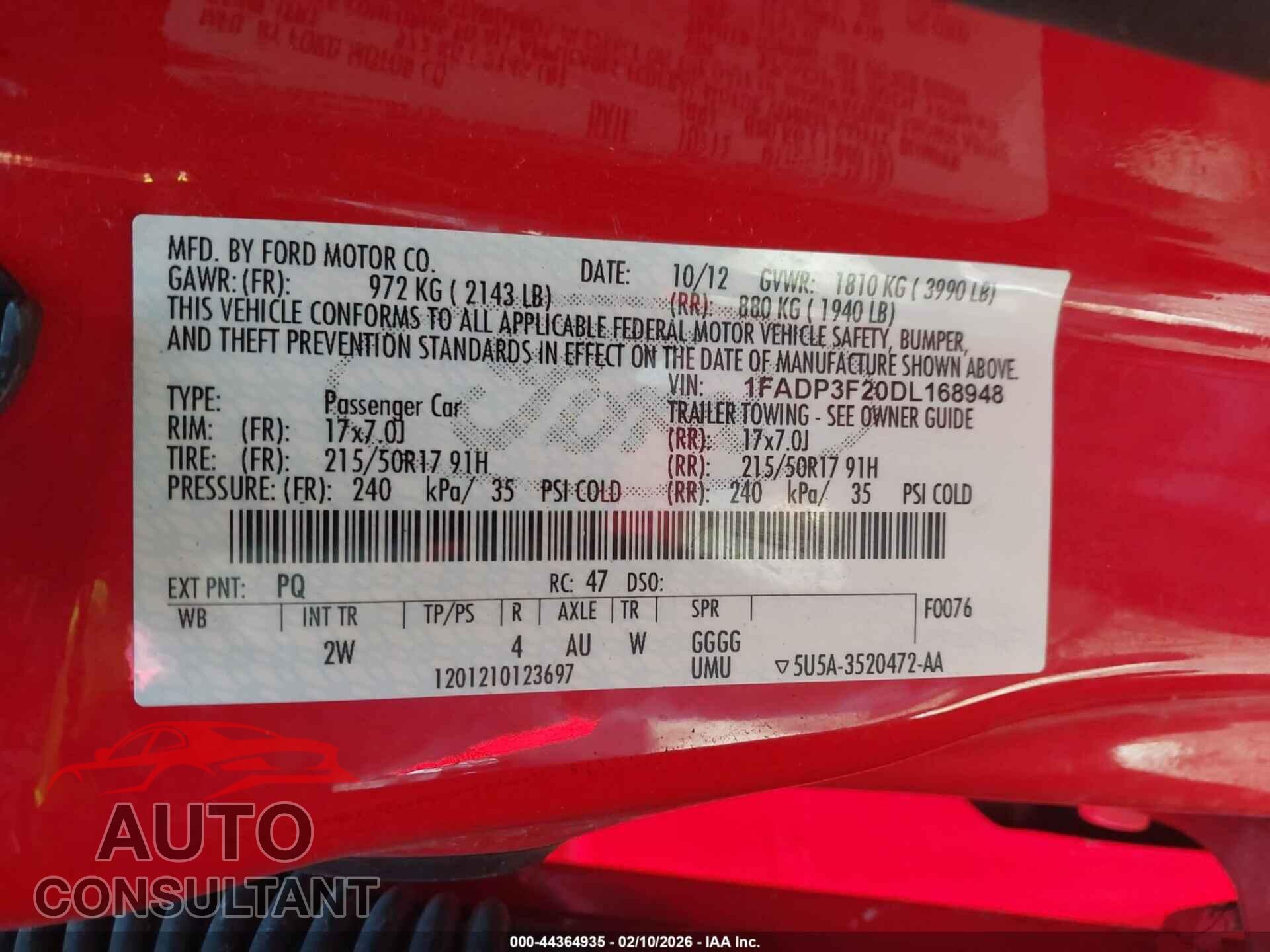 FORD FOCUS 2013 - 1FADP3F20DL168948