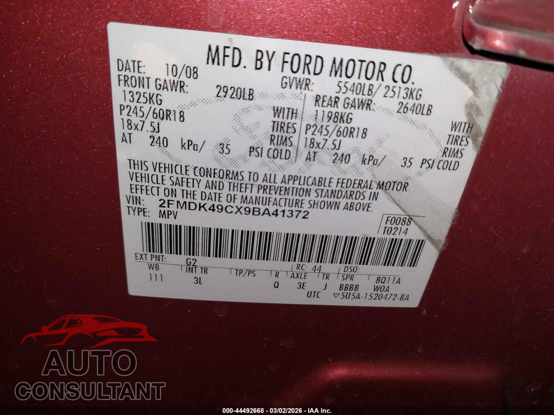 FORD EDGE 2009 - 2FMDK49CX9BA41372
