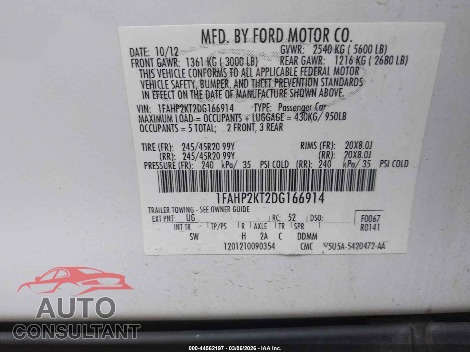FORD TAURUS 2013 - 1FAHP2KT2DG166914