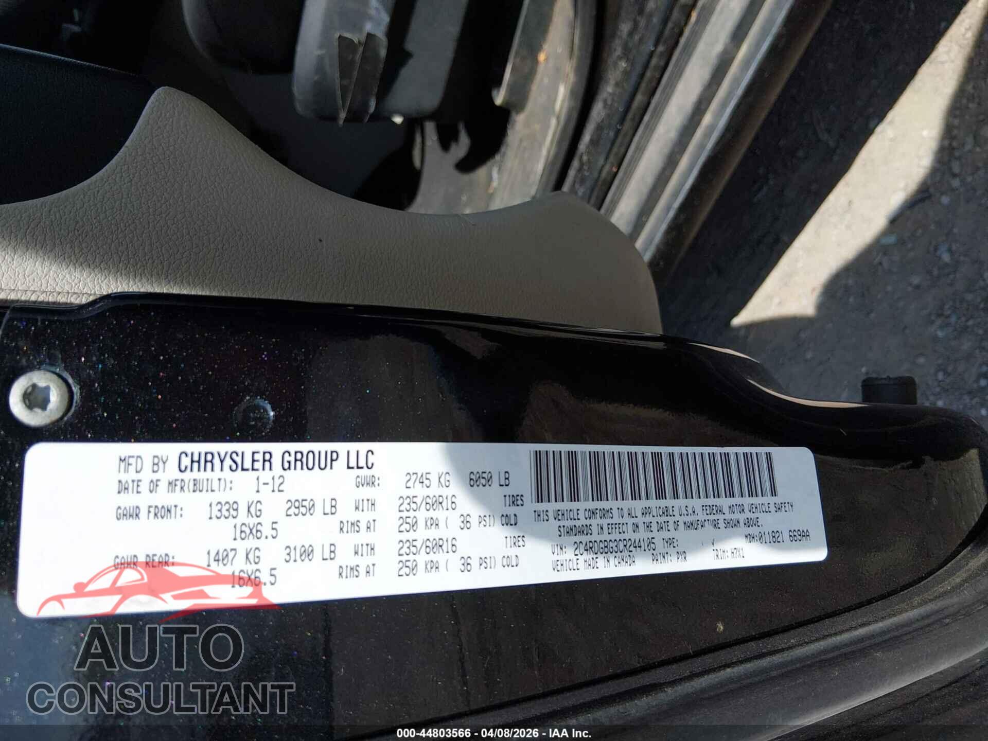 DODGE GRAND CARAVAN 2012 - 2C4RDGBG3CR244105
