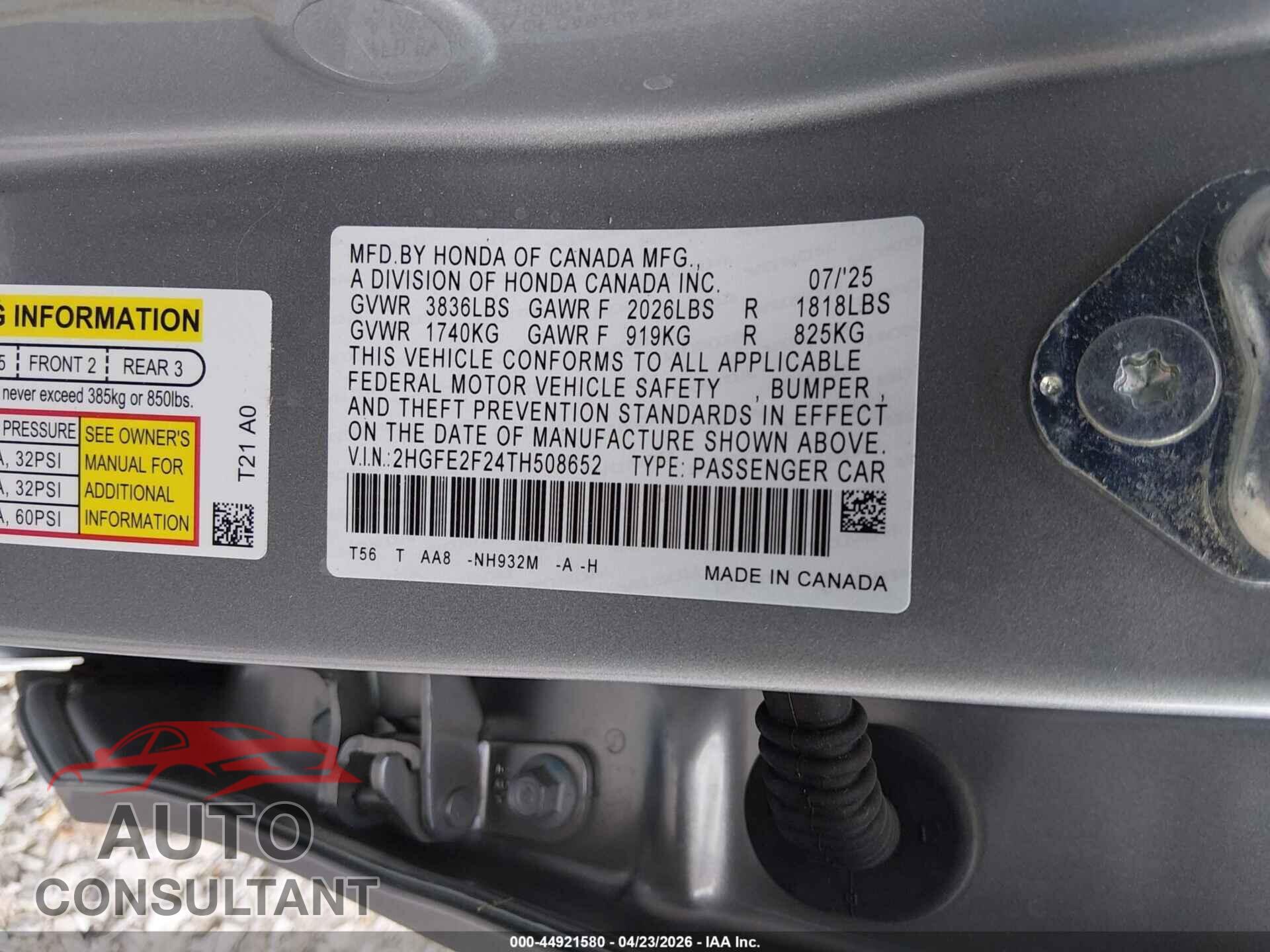 HONDA CIVIC 2026 - 2HGFE2F24TH508652