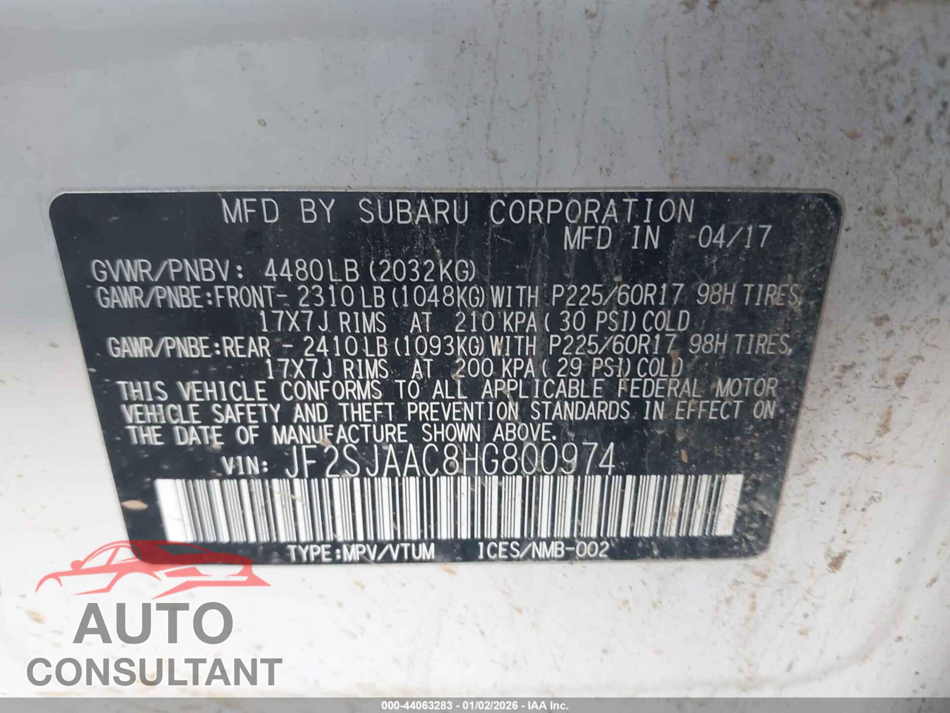 SUBARU FORESTER 2017 - JF2SJAAC8HG800974