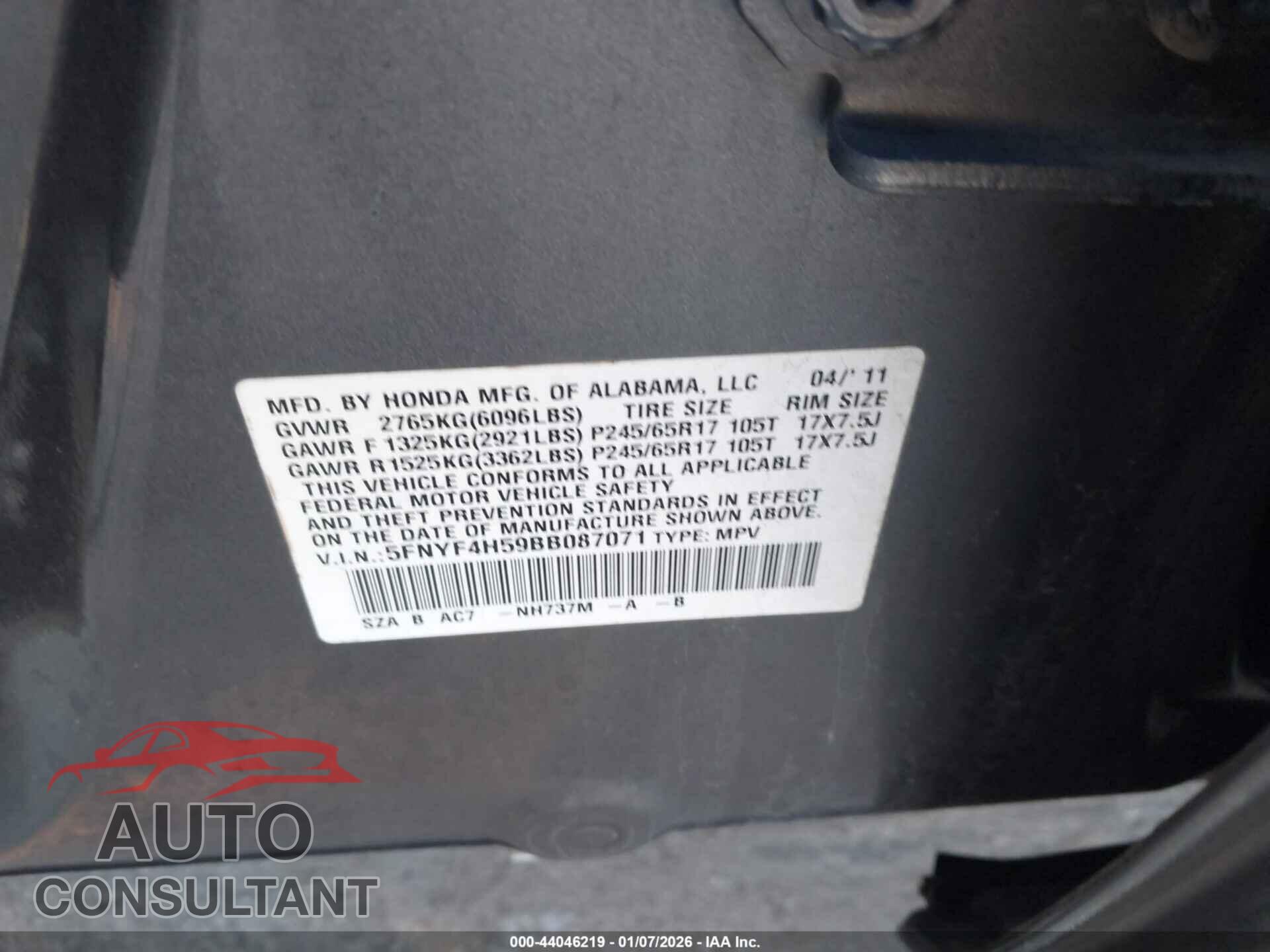 HONDA PILOT 2011 - 5FNYF4H59BB087071