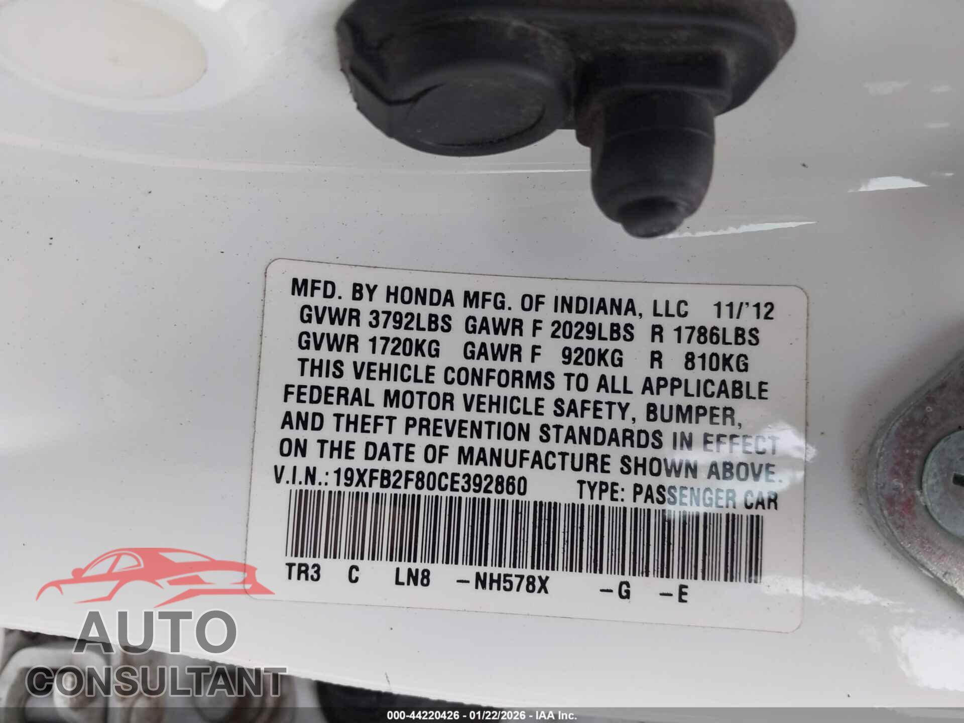HONDA CIVIC 2012 - 19XFB2F80CE392860
