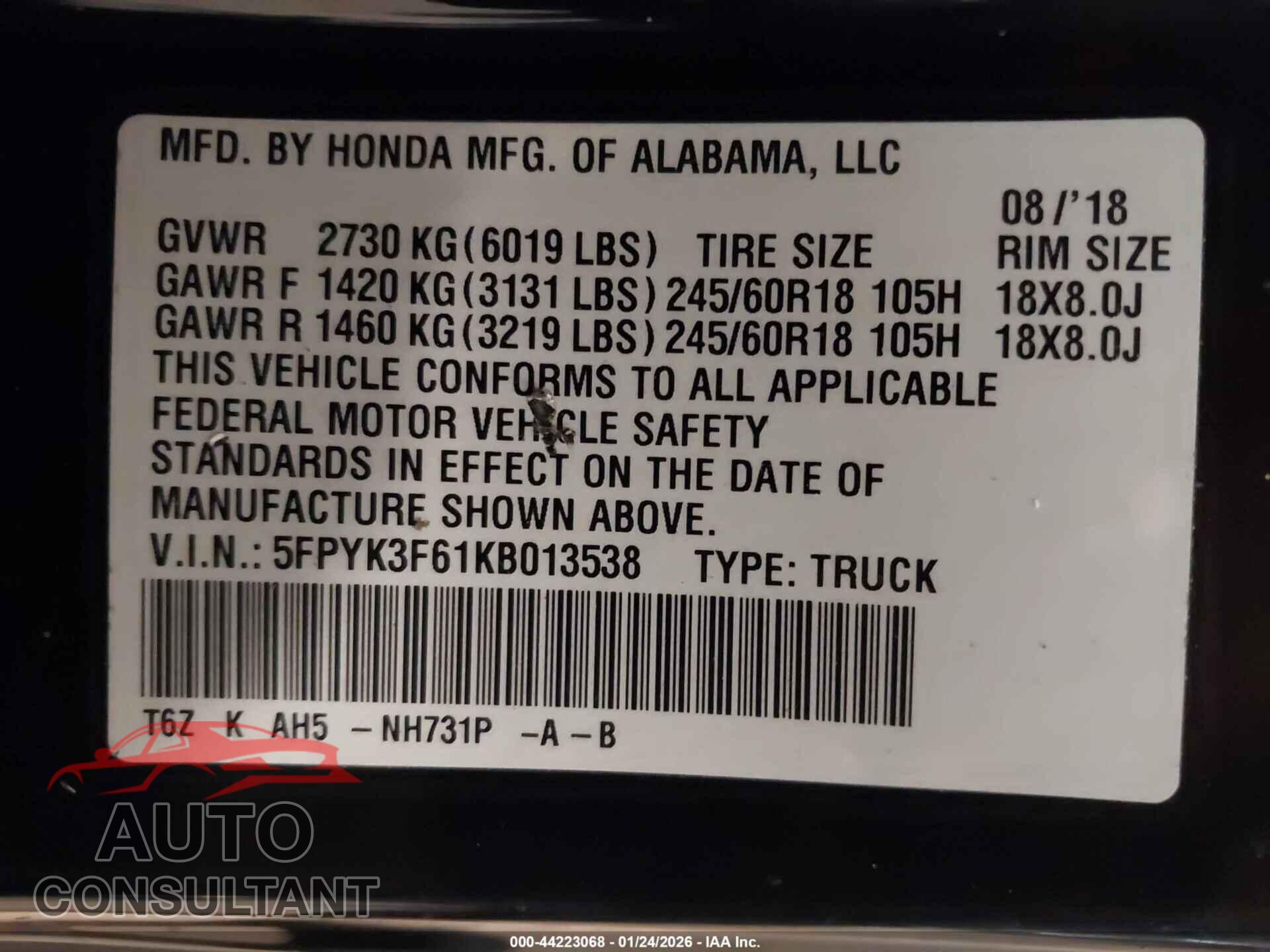 HONDA RIDGELINE 2019 - 5FPYK3F61KB013538