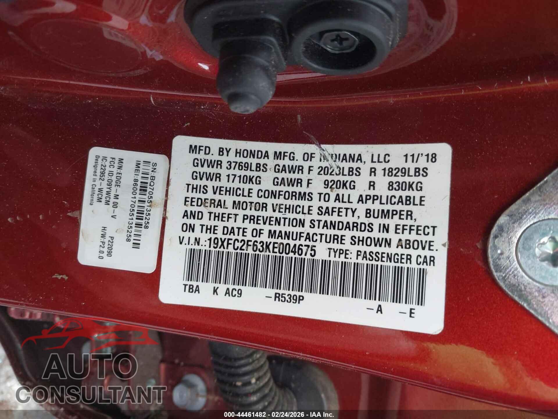 HONDA CIVIC 2019 - 19XFC2F63KE004675