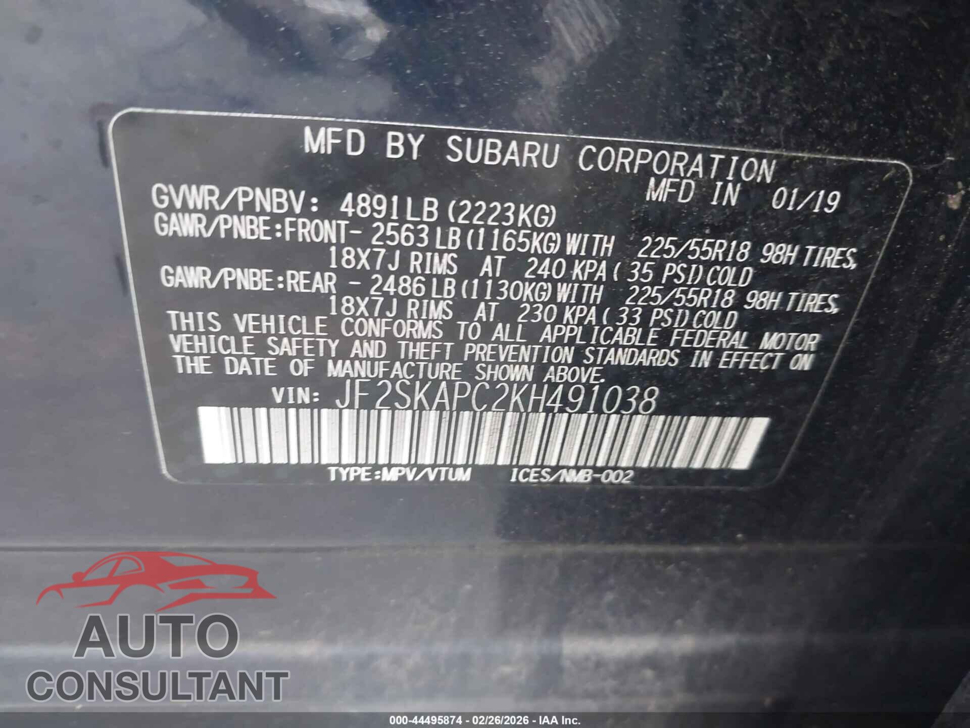 SUBARU FORESTER 2019 - JF2SKAPC2KH491038