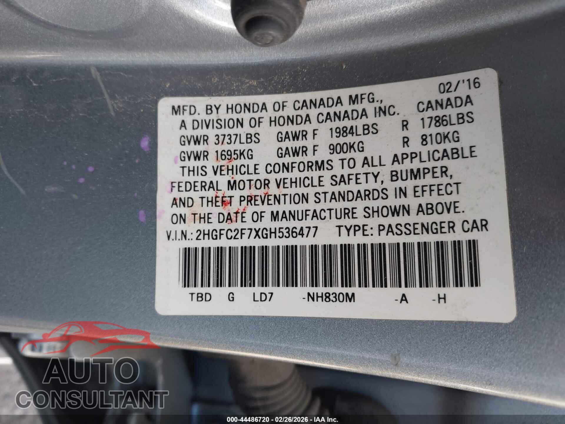 HONDA CIVIC 2016 - 2HGFC2F7XGH536477