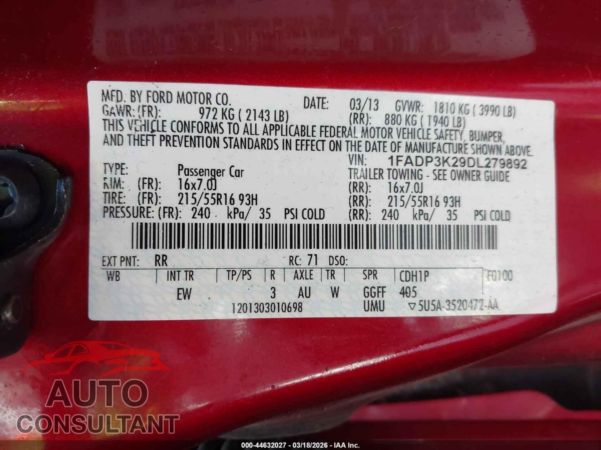 FORD FOCUS 2013 - 1FADP3K29DL279892