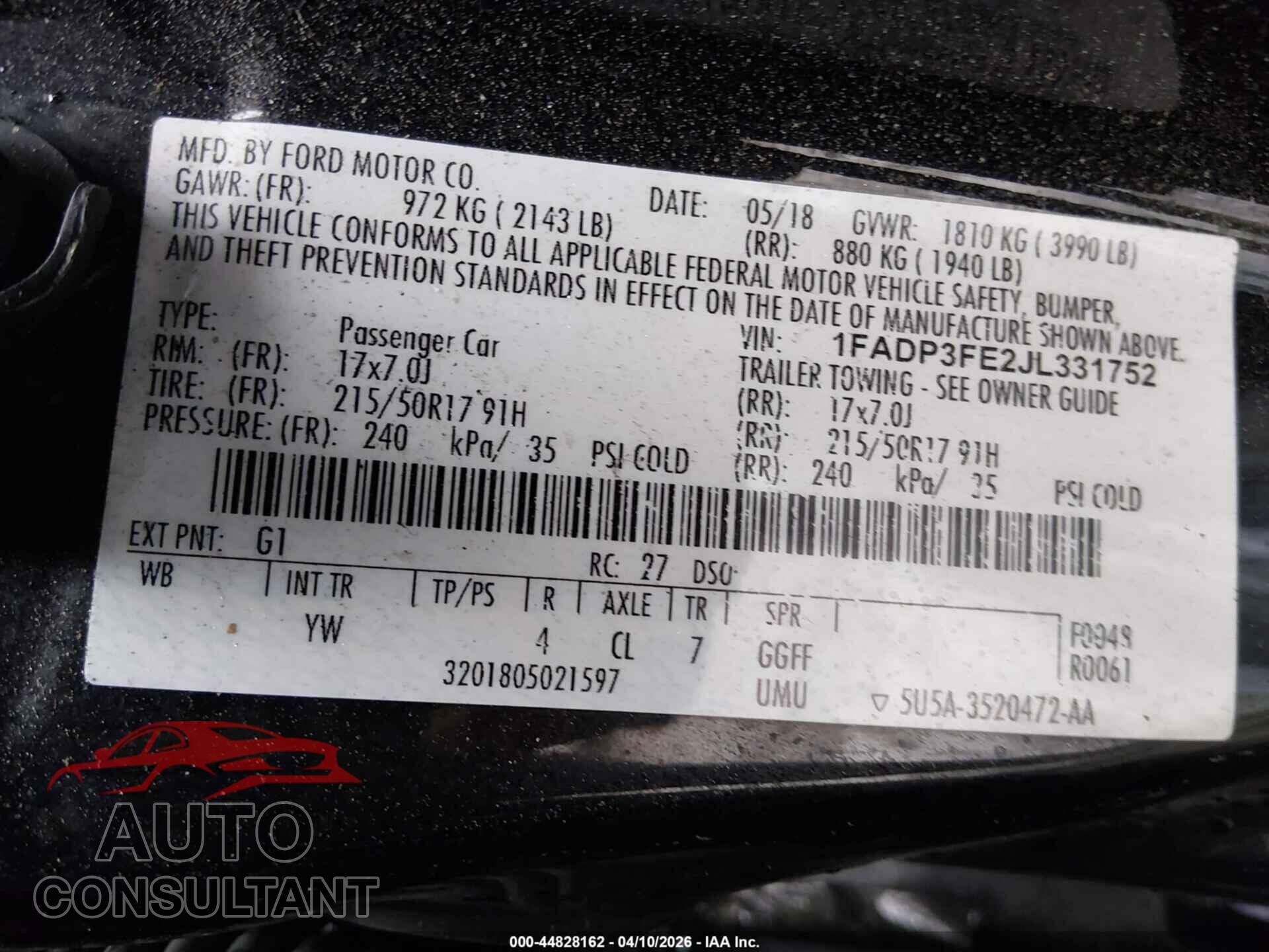 FORD FOCUS 2018 - 1FADP3FE2JL331752