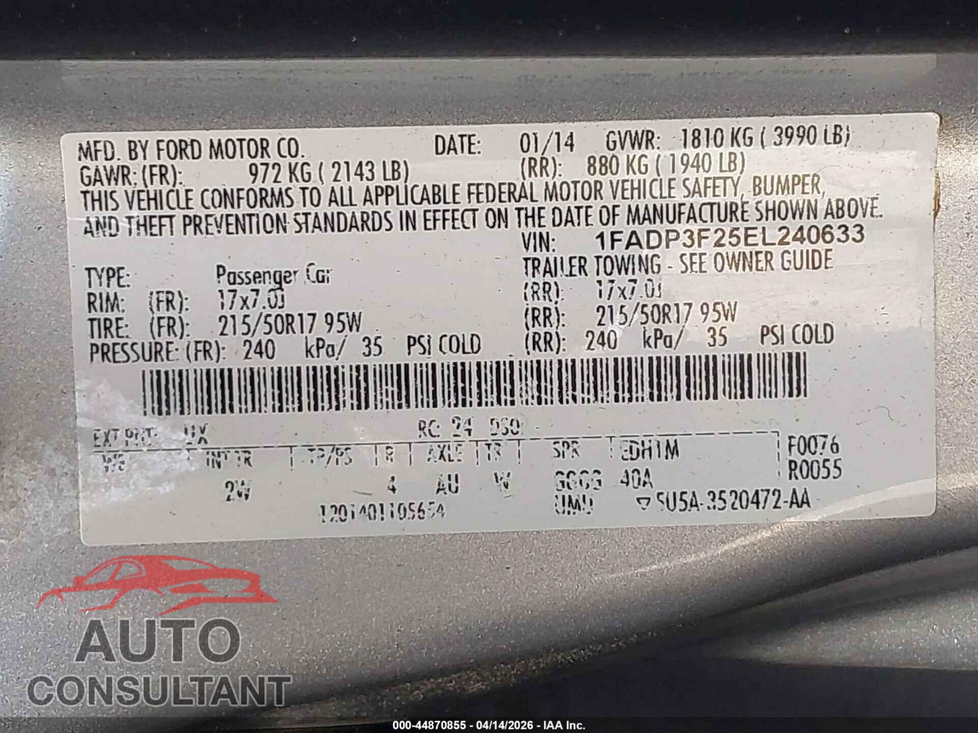 FORD FOCUS 2014 - 1FADP3F25EL240633