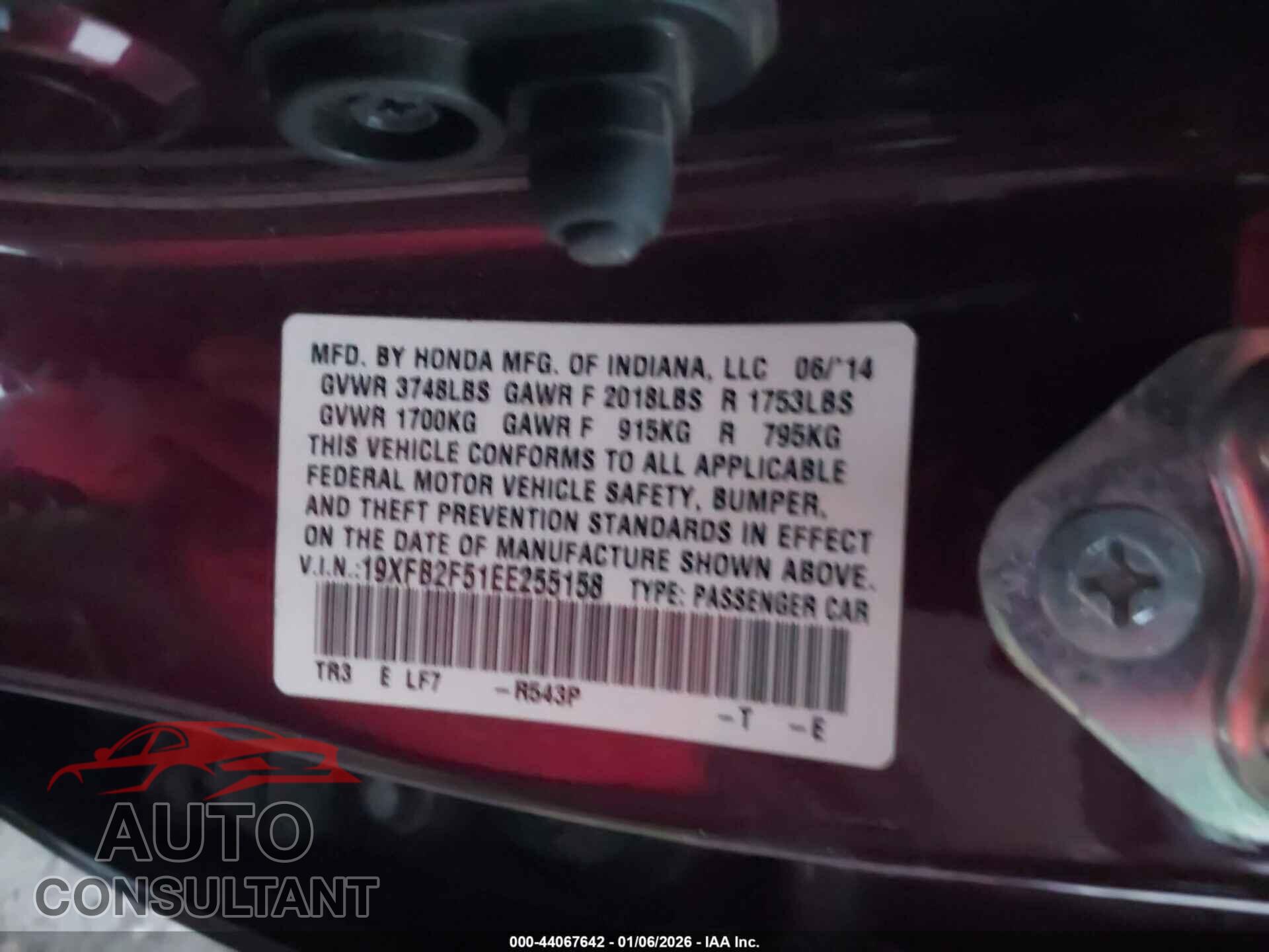 HONDA CIVIC 2014 - 19XFB2F51EE255158