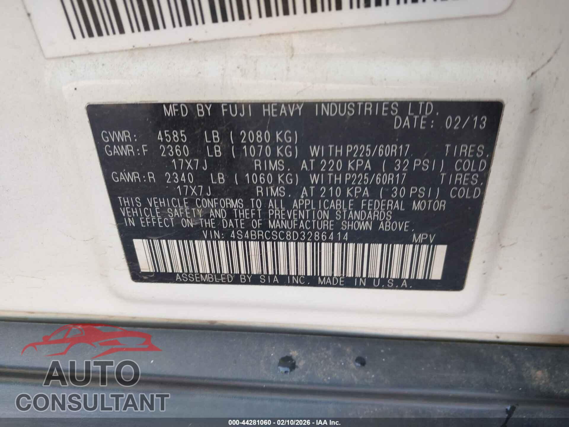 SUBARU OUTBACK 2013 - 4S4BRCSC8D3286414