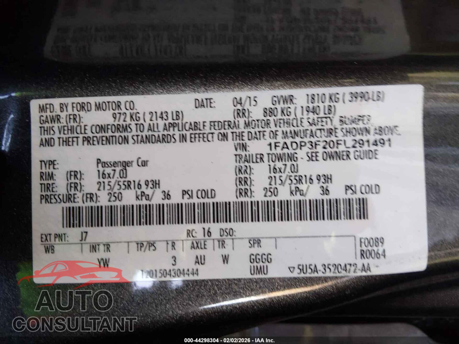 FORD FOCUS 2015 - 1FADP3F20FL291491