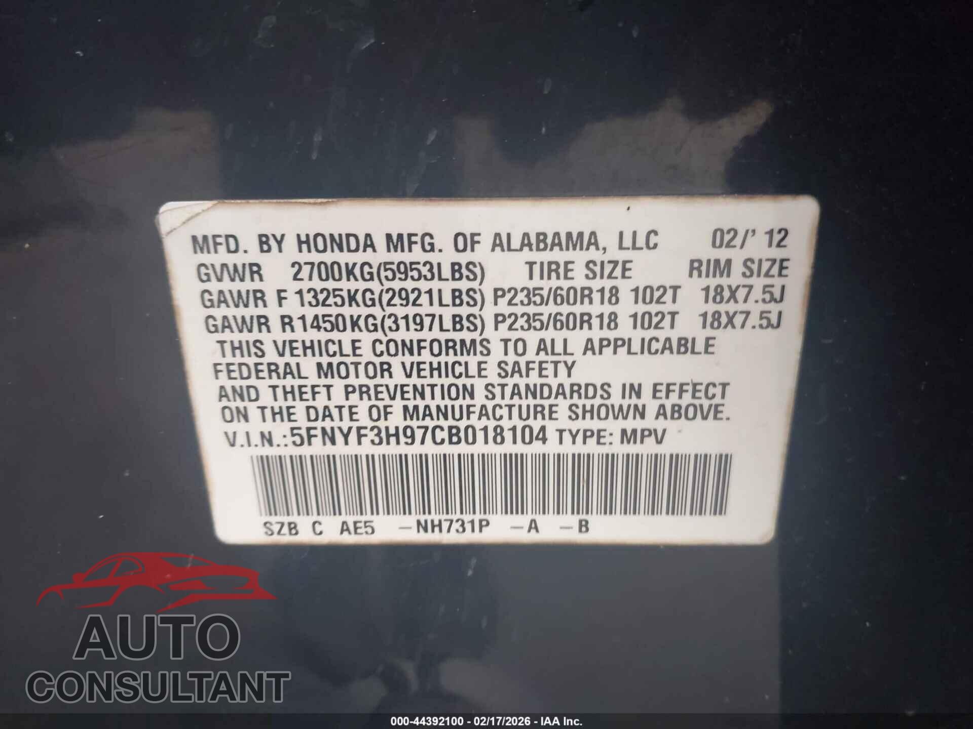 HONDA PILOT 2012 - 5FNYF3H97CB018104
