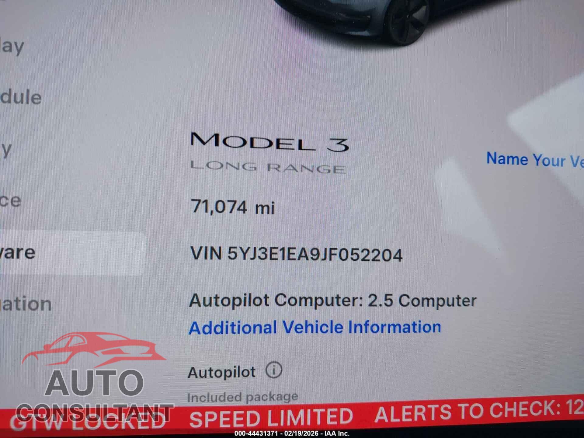 TESLA MODEL 3 2018 - 5YJ3E1EA9JF052204
