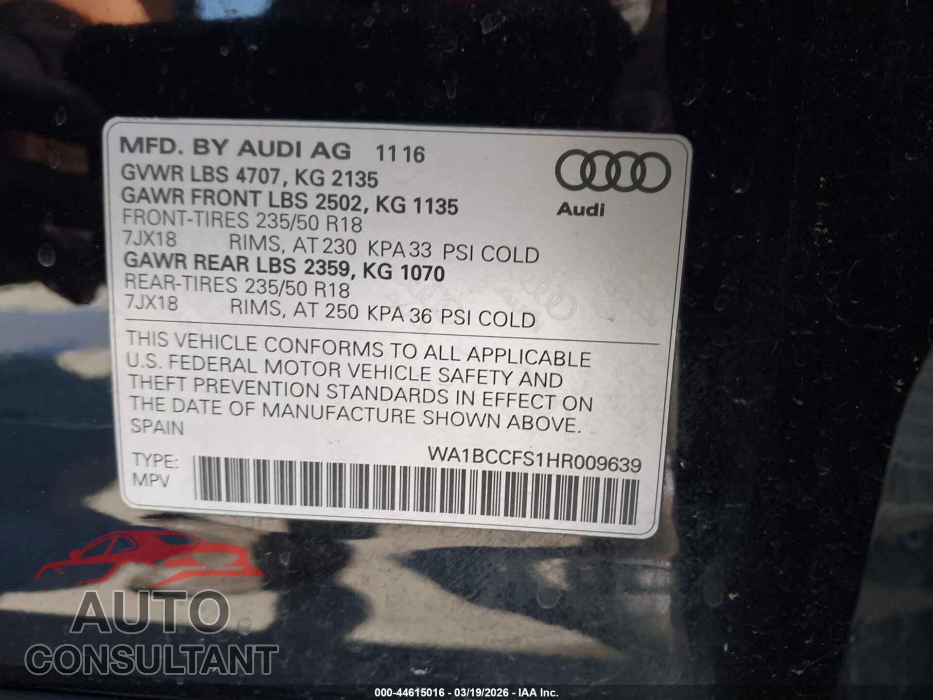 AUDI Q3 2017 - WA1BCCFS1HR009639
