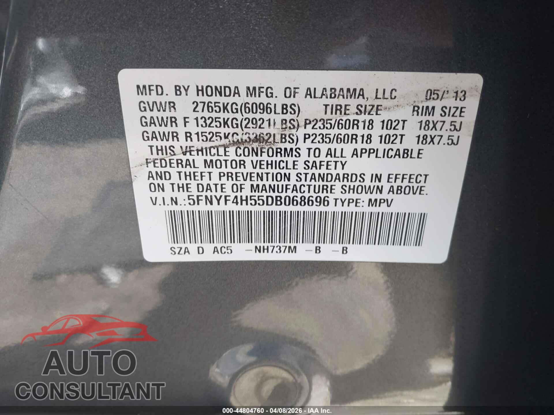 HONDA PILOT 2013 - 5FNYF4H55DB068696