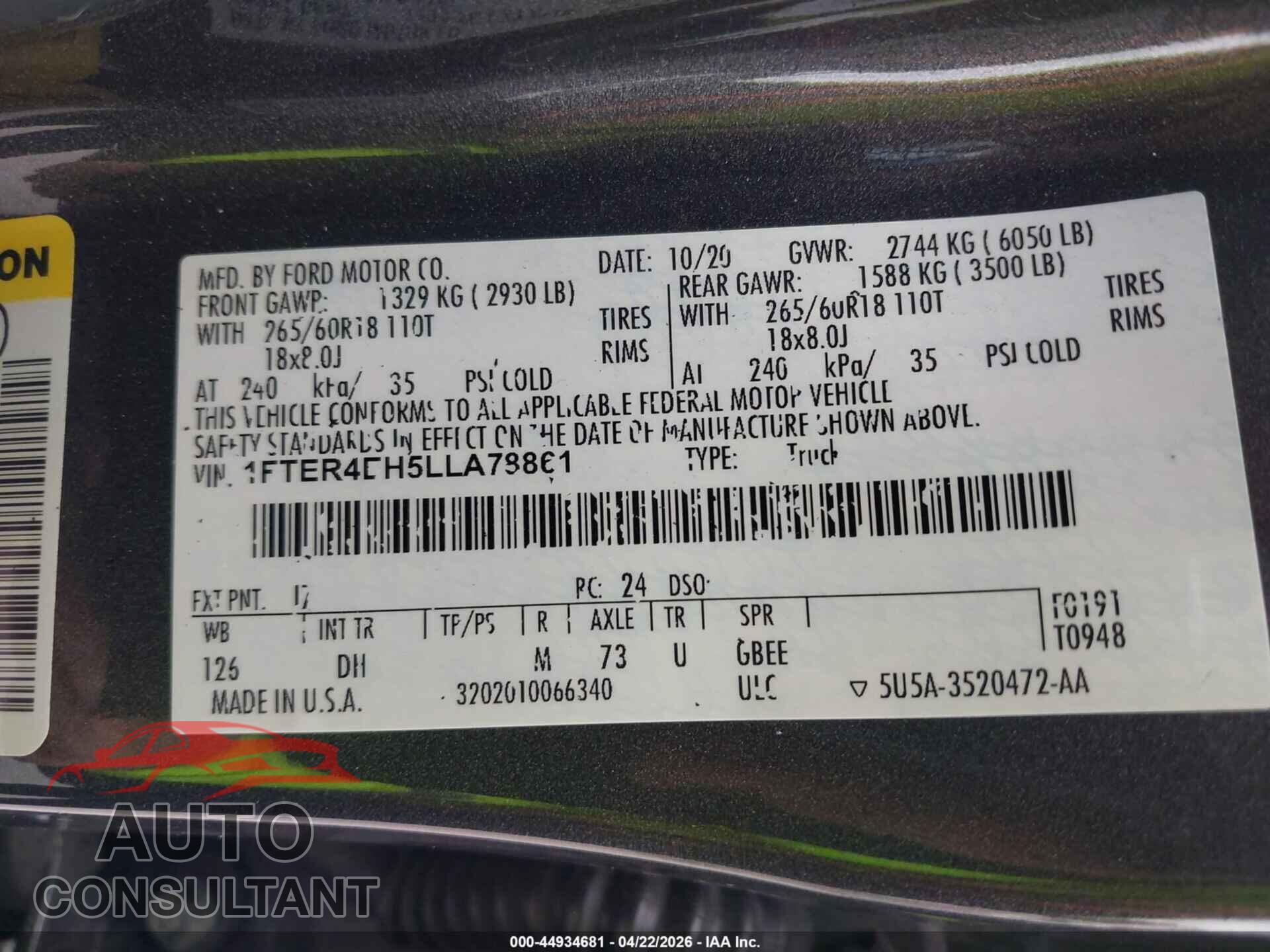 FORD RANGER 2020 - 1FTER4EH5LLA78861
