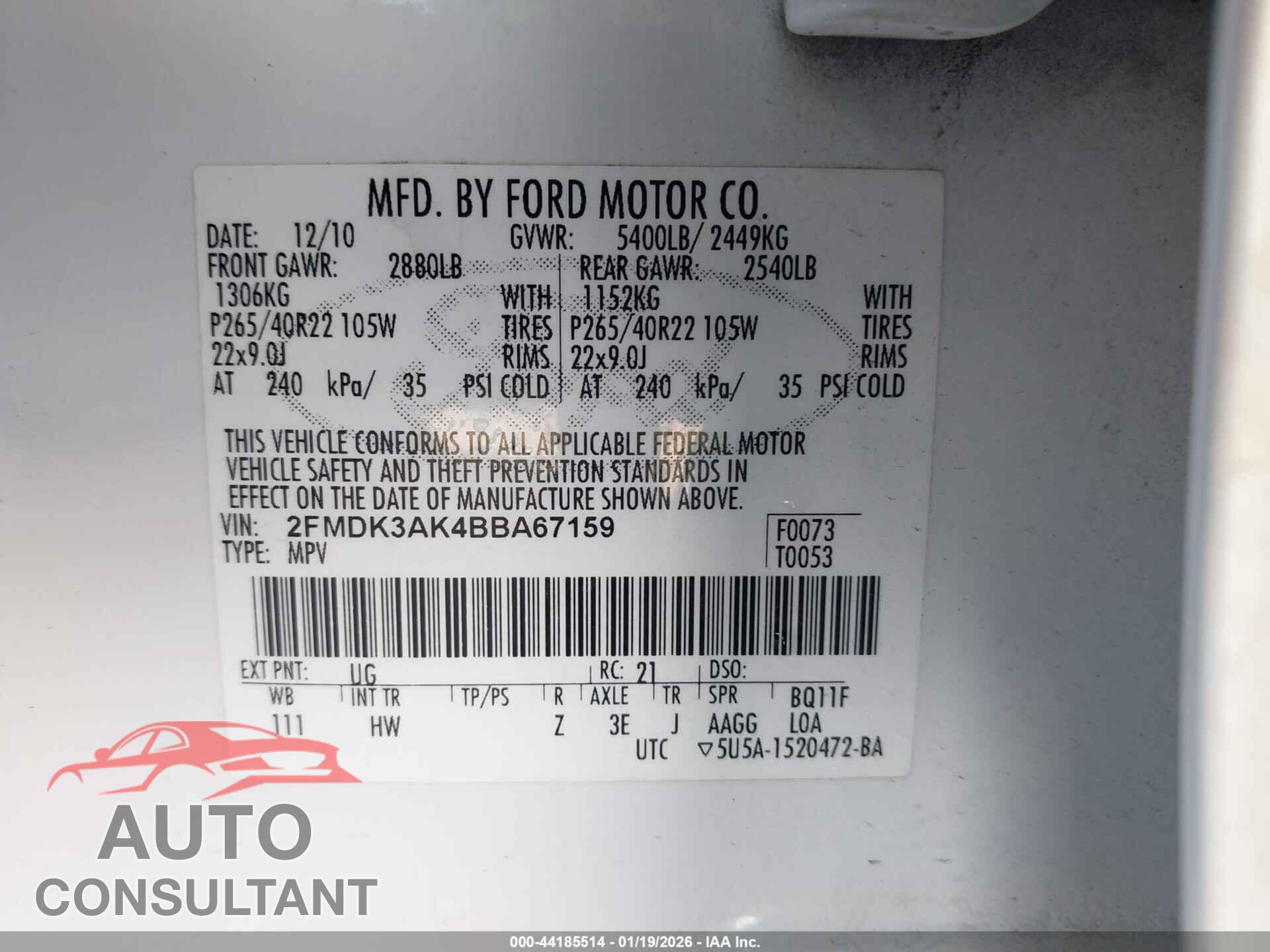 FORD EDGE 2011 - 2FMDK3AK4BBA67159