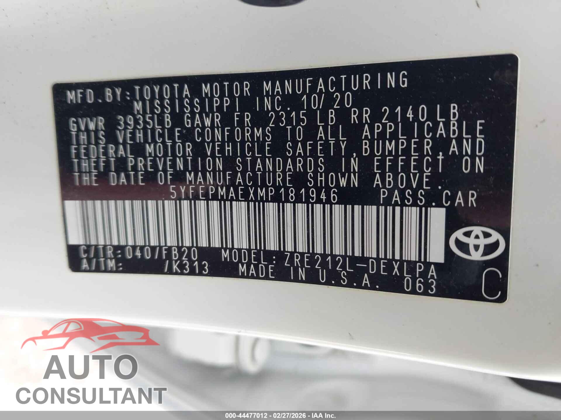 TOYOTA COROLLA 2021 - 5YFEPMAEXMP181946
