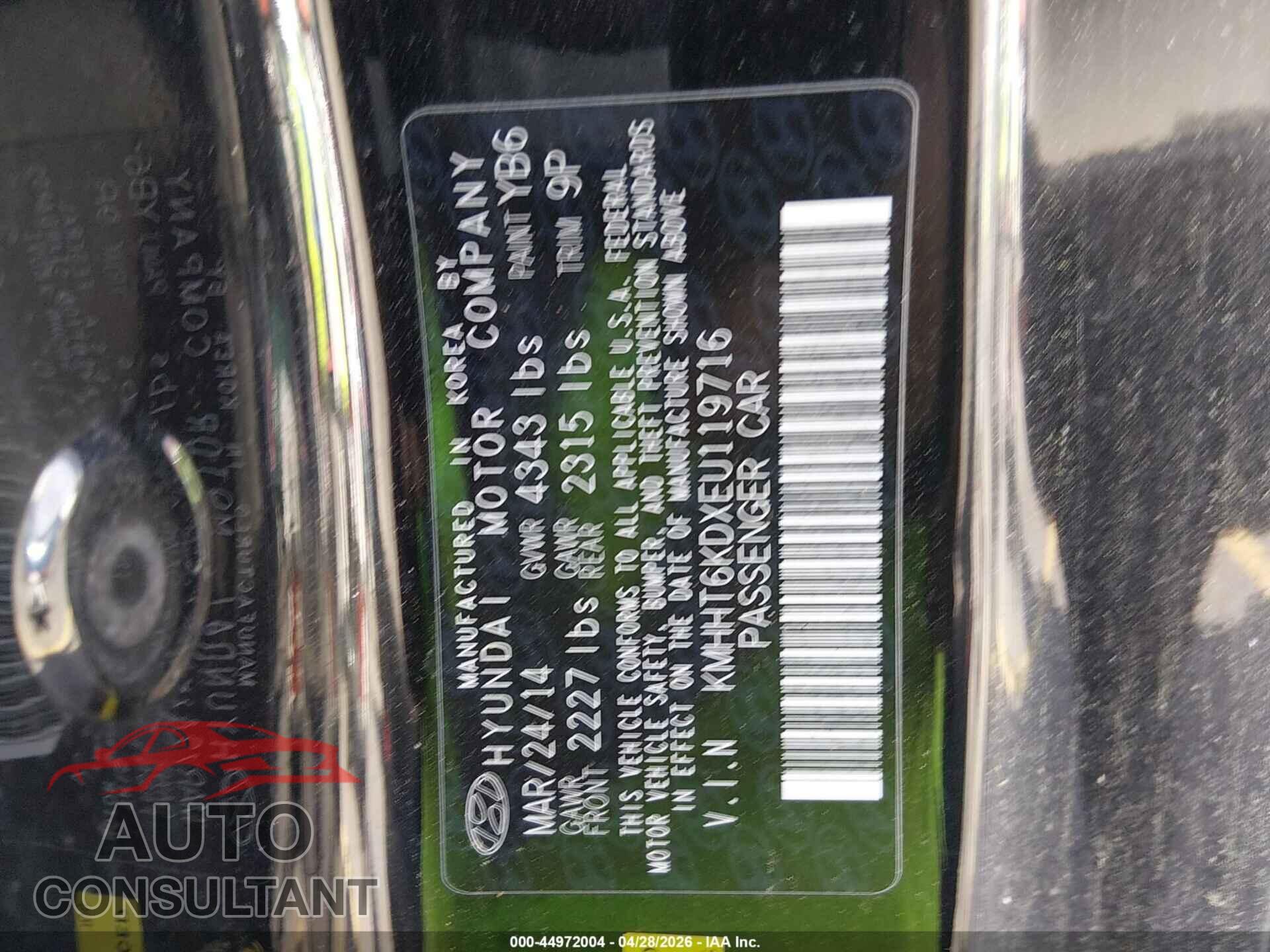 HYUNDAI GENESIS 2014 - KMHHT6KDXEU119716
