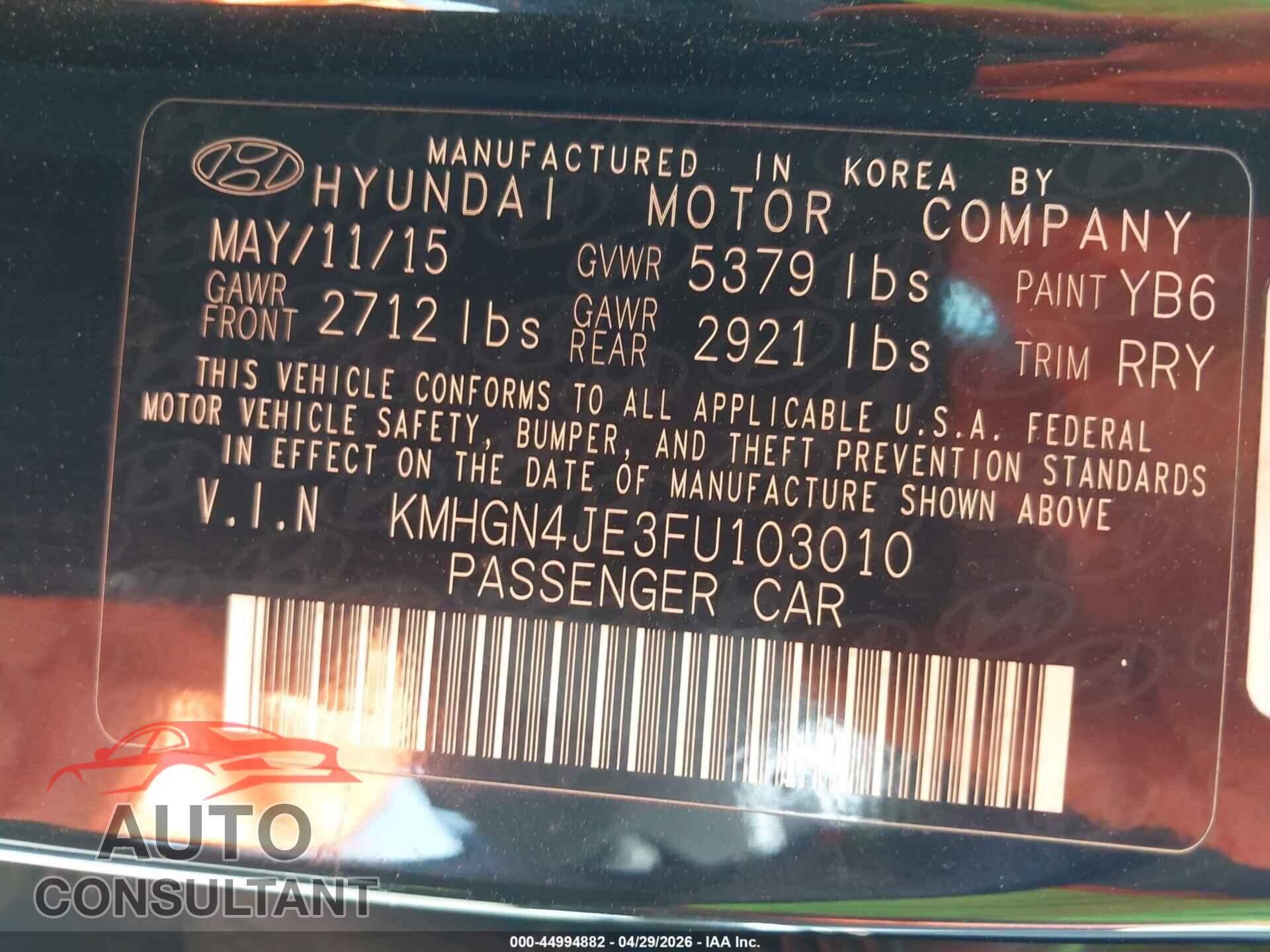 HYUNDAI GENESIS 2015 - KMHGN4JE3FU103010