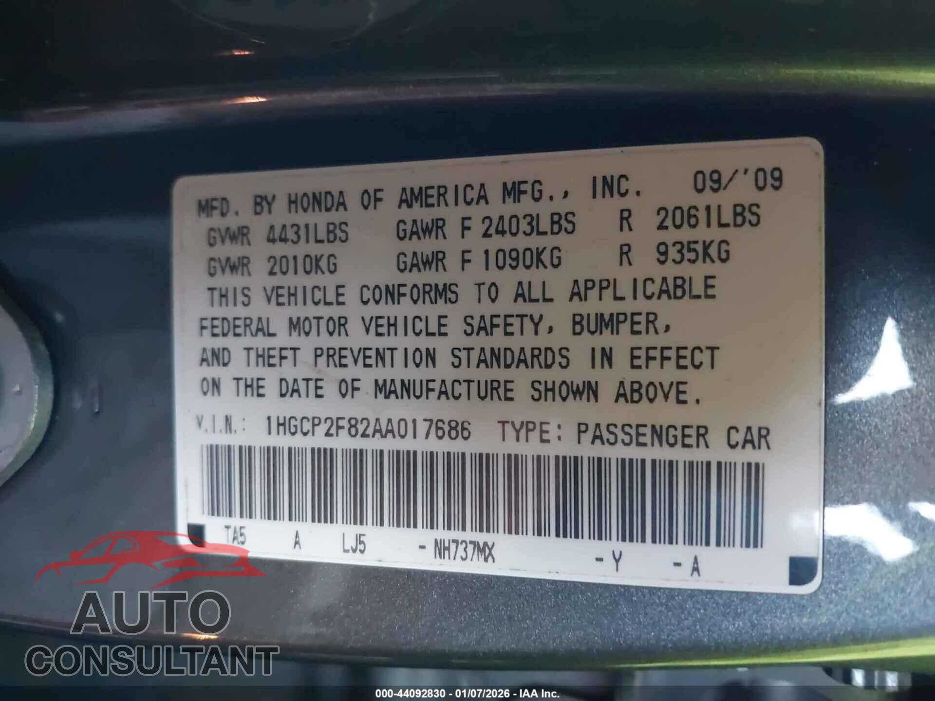 HONDA ACCORD 2010 - 1HGCP2F82AA017686