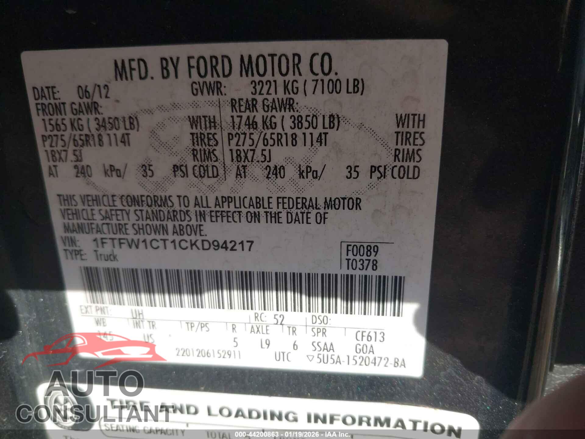 FORD F-150 2012 - 1FTFW1CT1CKD94217