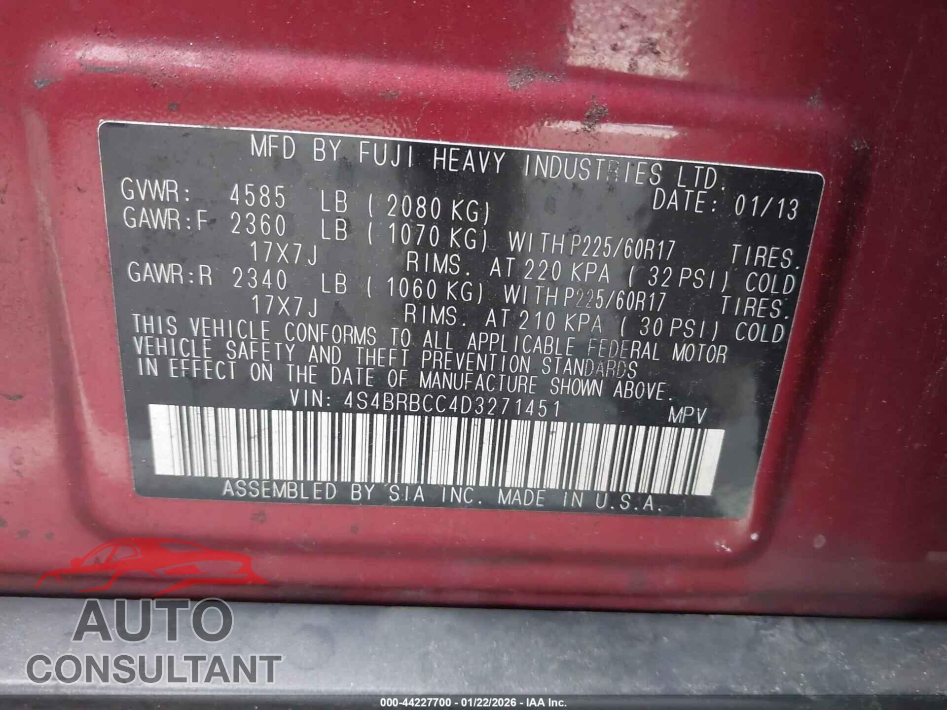 SUBARU OUTBACK 2013 - 4S4BRBCC4D3271451