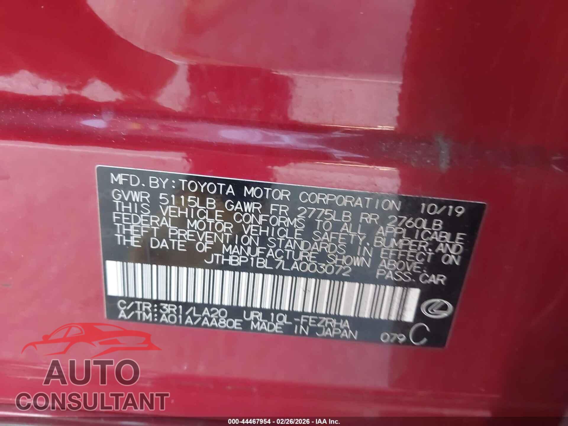 LEXUS GS F 2020 - JTHBP1BL7LA003072