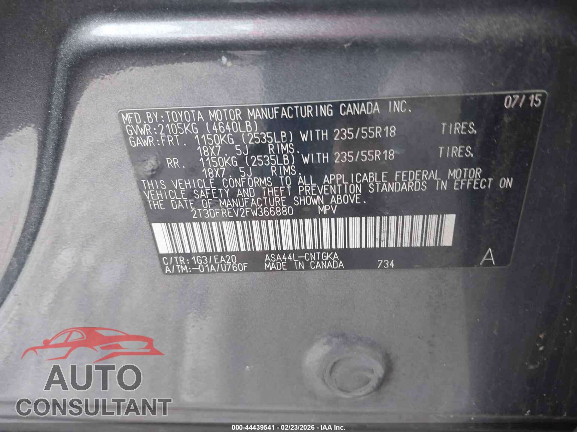TOYOTA RAV4 2015 - 2T3DFREV2FW366880