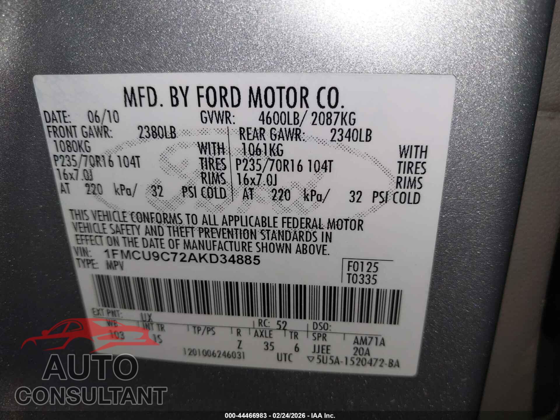 FORD ESCAPE 2010 - 1FMCU9C72AKD34885