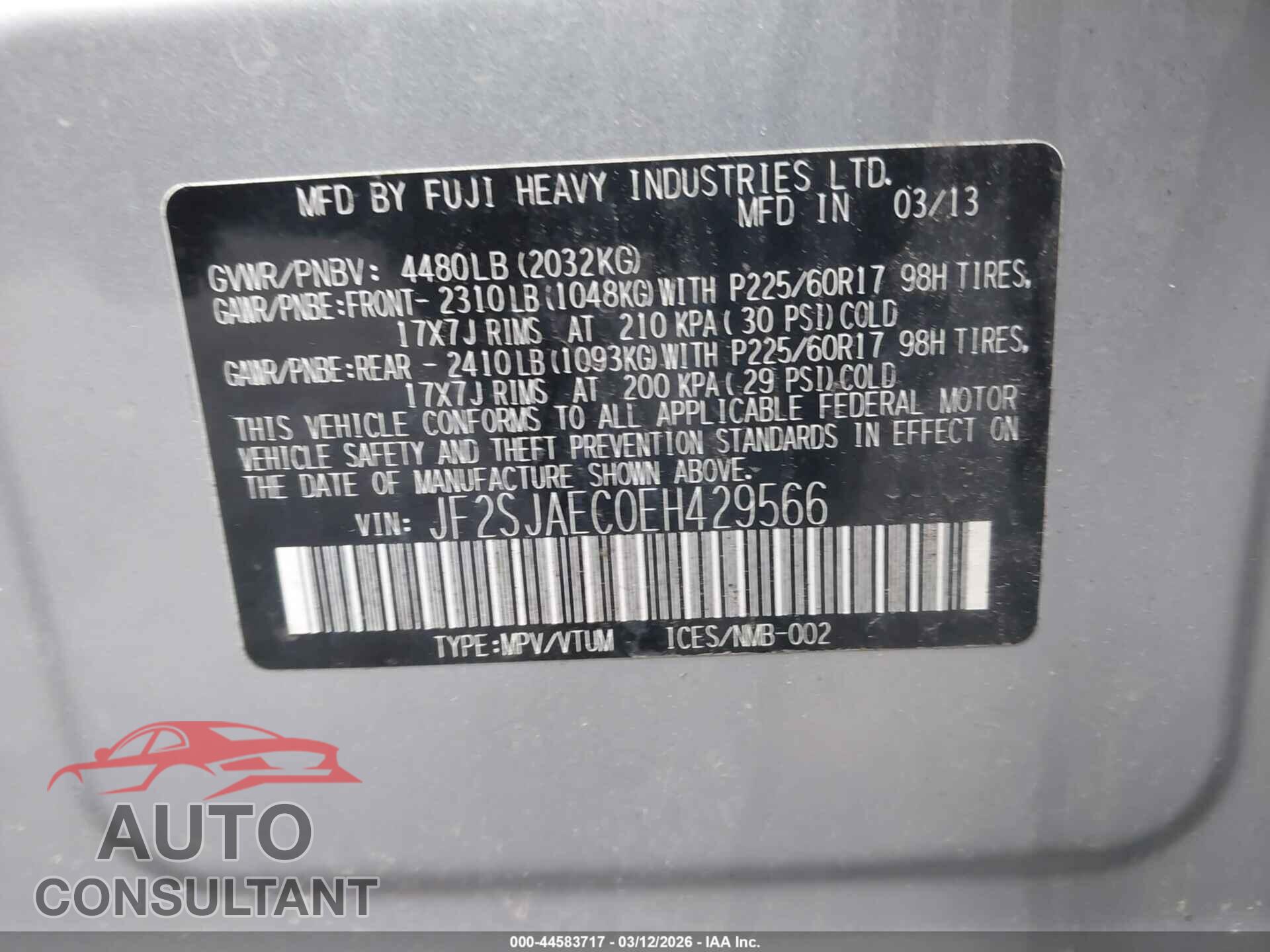 SUBARU FORESTER 2014 - JF2SJAEC0EH429566