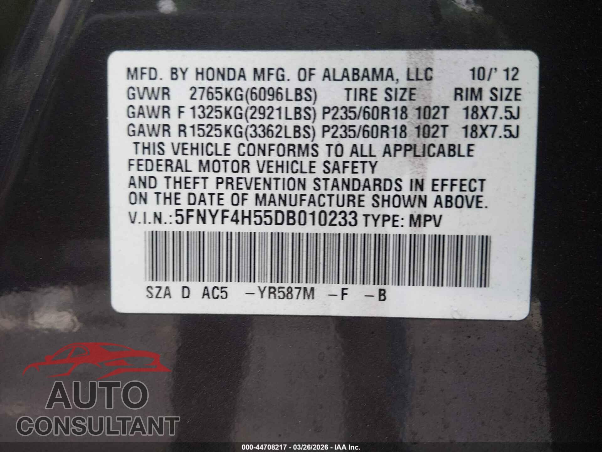 HONDA PILOT 2013 - 5FNYF4H55DB010233