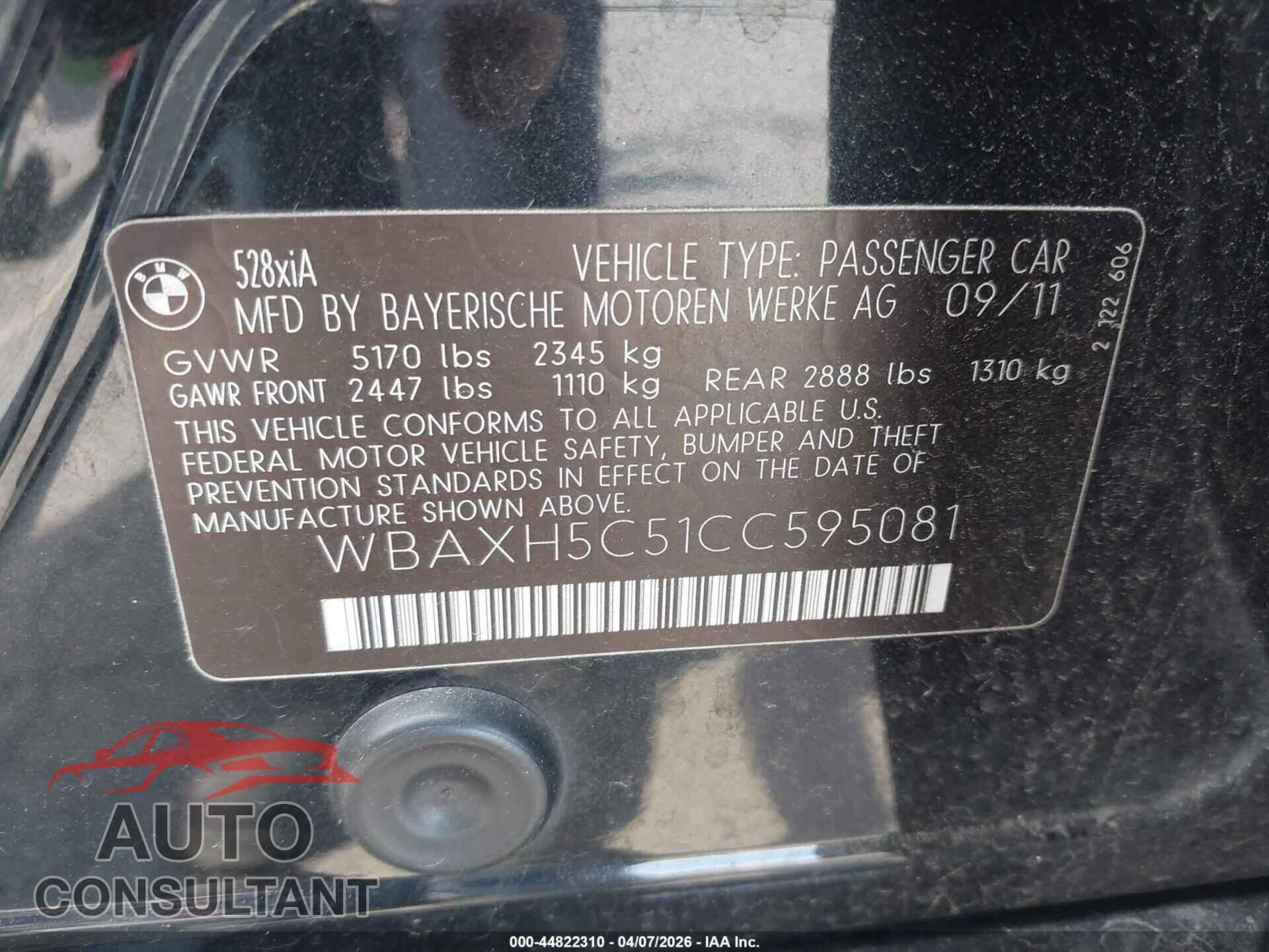 BMW 528I 2012 - WBAXH5C51CC595081