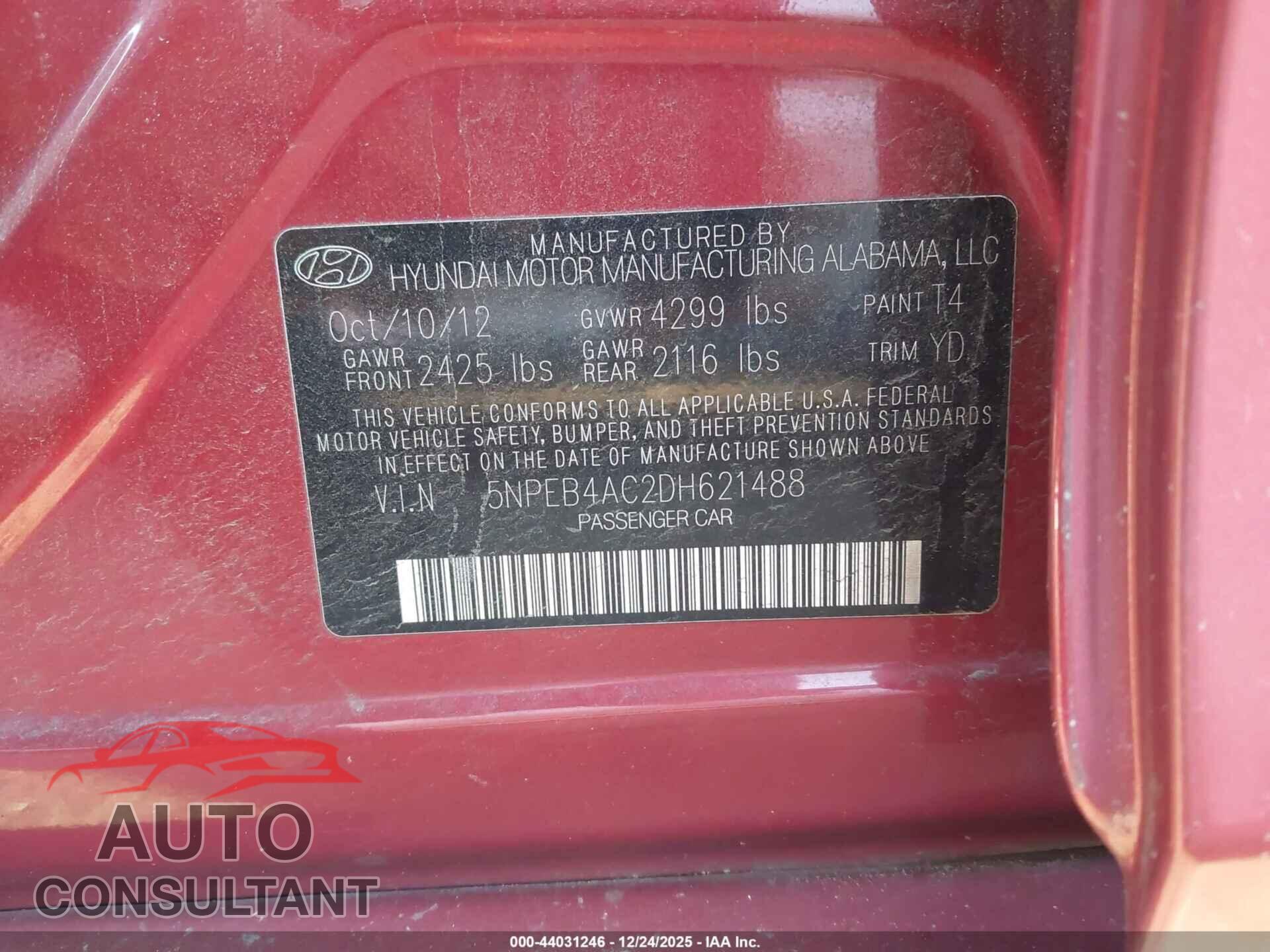 HYUNDAI SONATA 2013 - 5NPEB4AC2DH621488