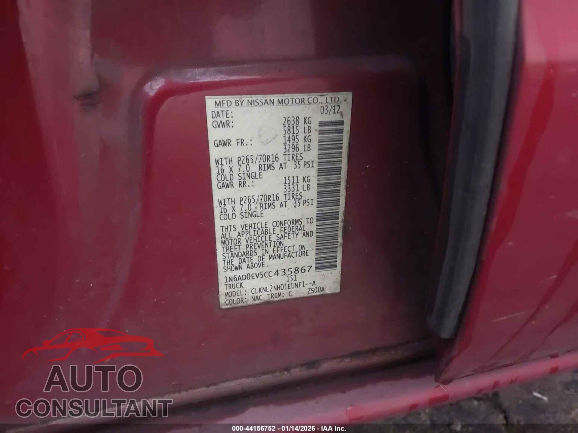 NISSAN FRONTIER 2012 - 1N6AD0EV5CC435867