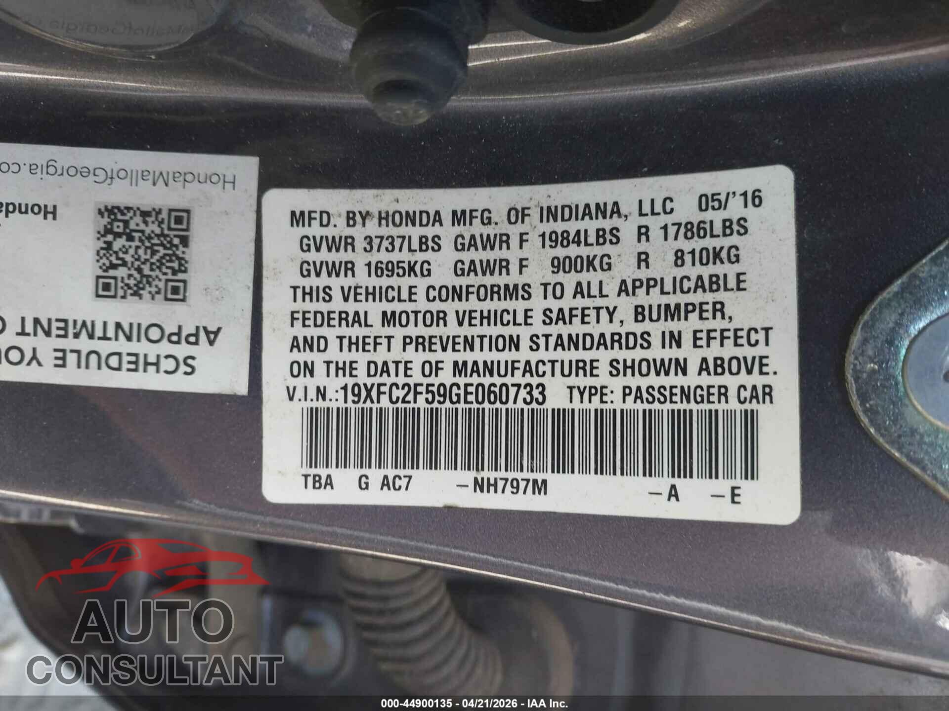 HONDA CIVIC 2016 - 19XFC2F59GE060733