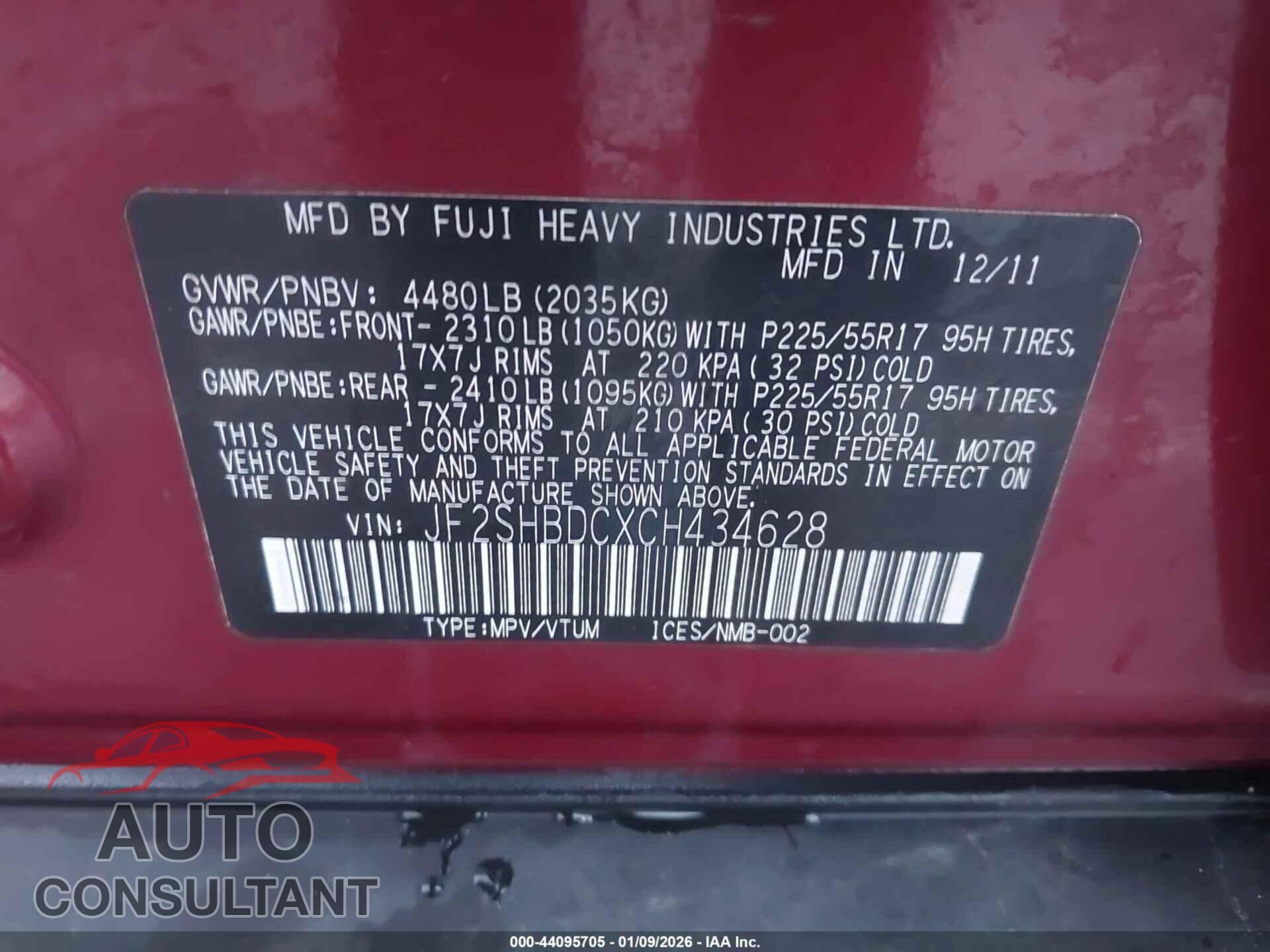 SUBARU FORESTER 2012 - JF2SHBDCXCH434628