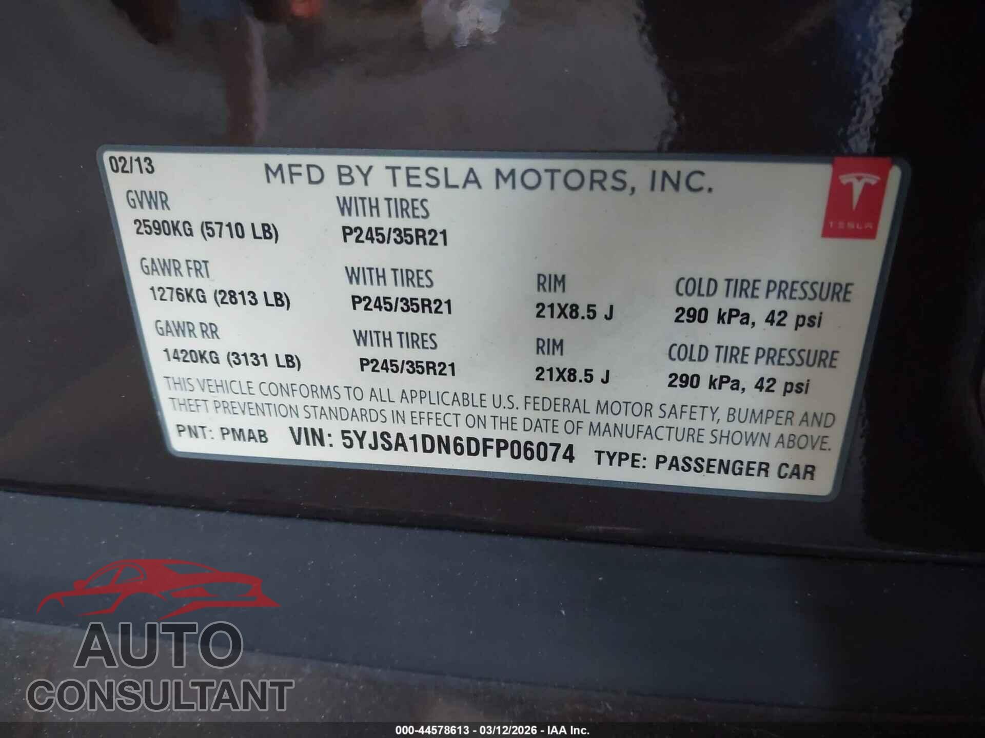 TESLA MODEL S 2013 - 5YJSA1DN6DFP06074