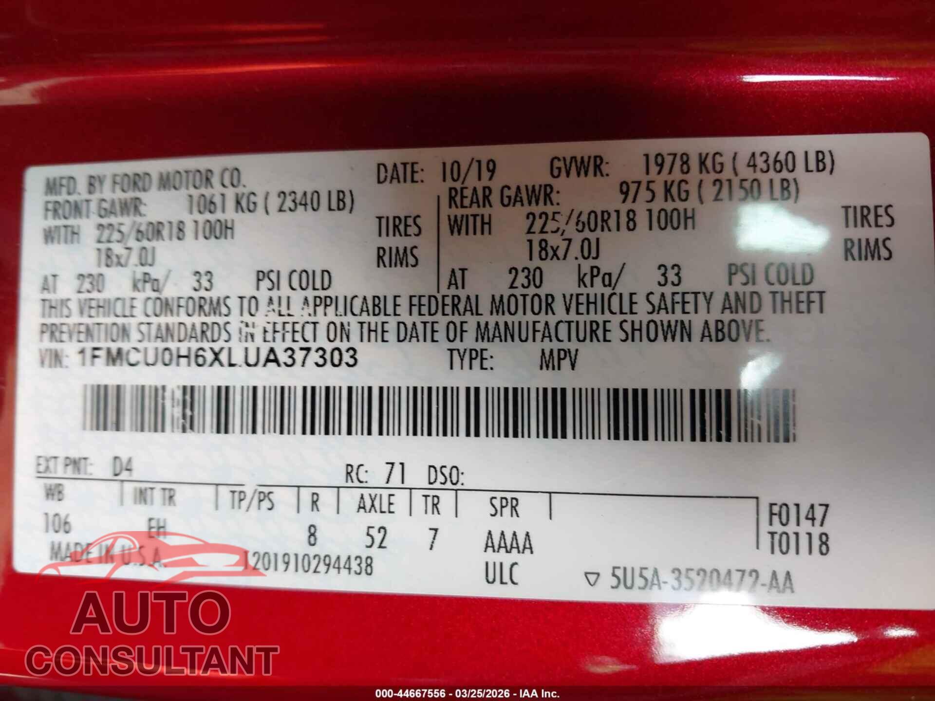 FORD ESCAPE 2020 - 1FMCU0H6XLUA37303