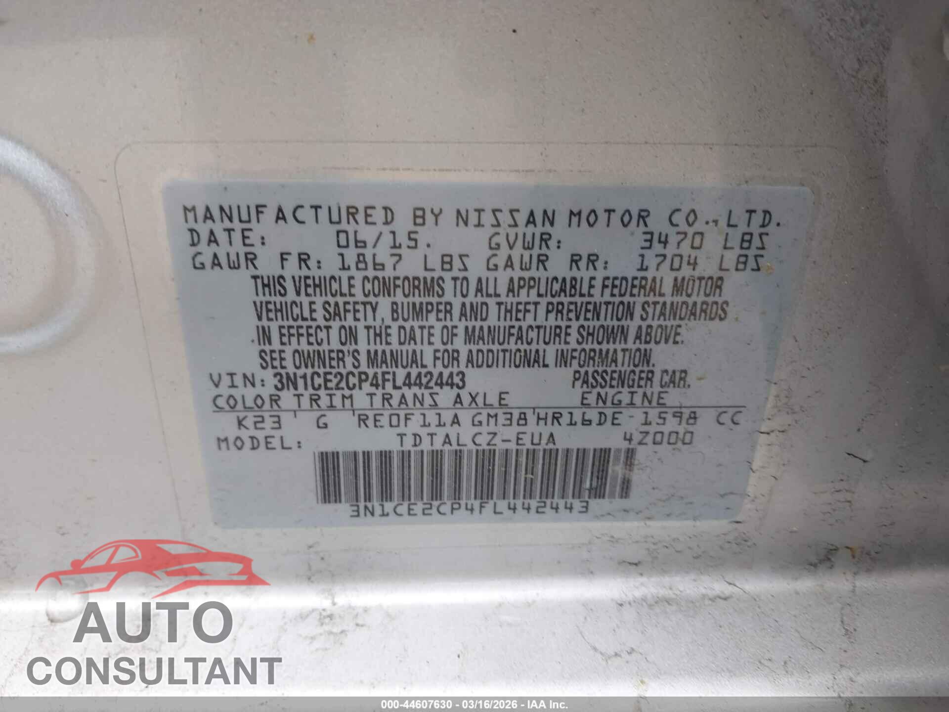 NISSAN VERSA NOTE 2015 - 3N1CE2CP4FL442443