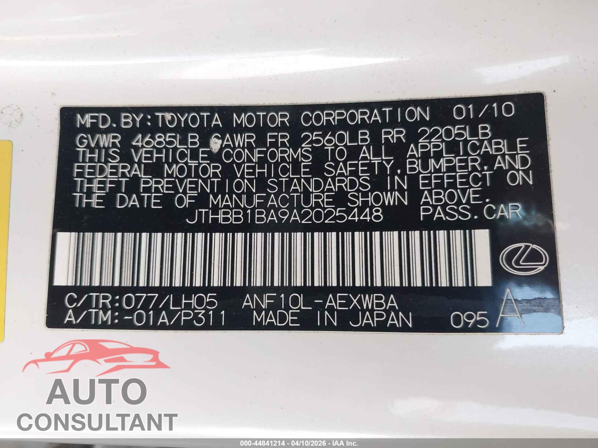 LEXUS HS 250H 2010 - JTHBB1BA9A2025448