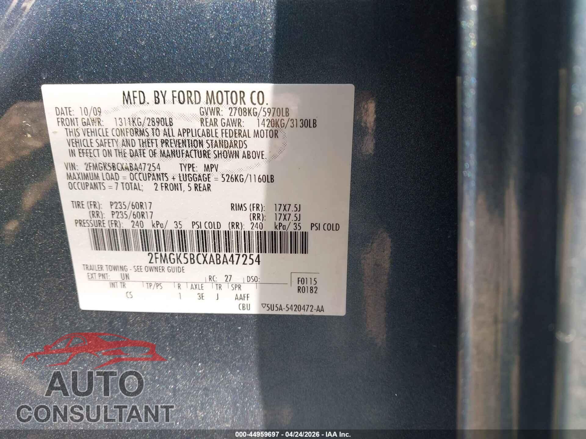 FORD FLEX 2010 - 2FMGK5BCXABA47254