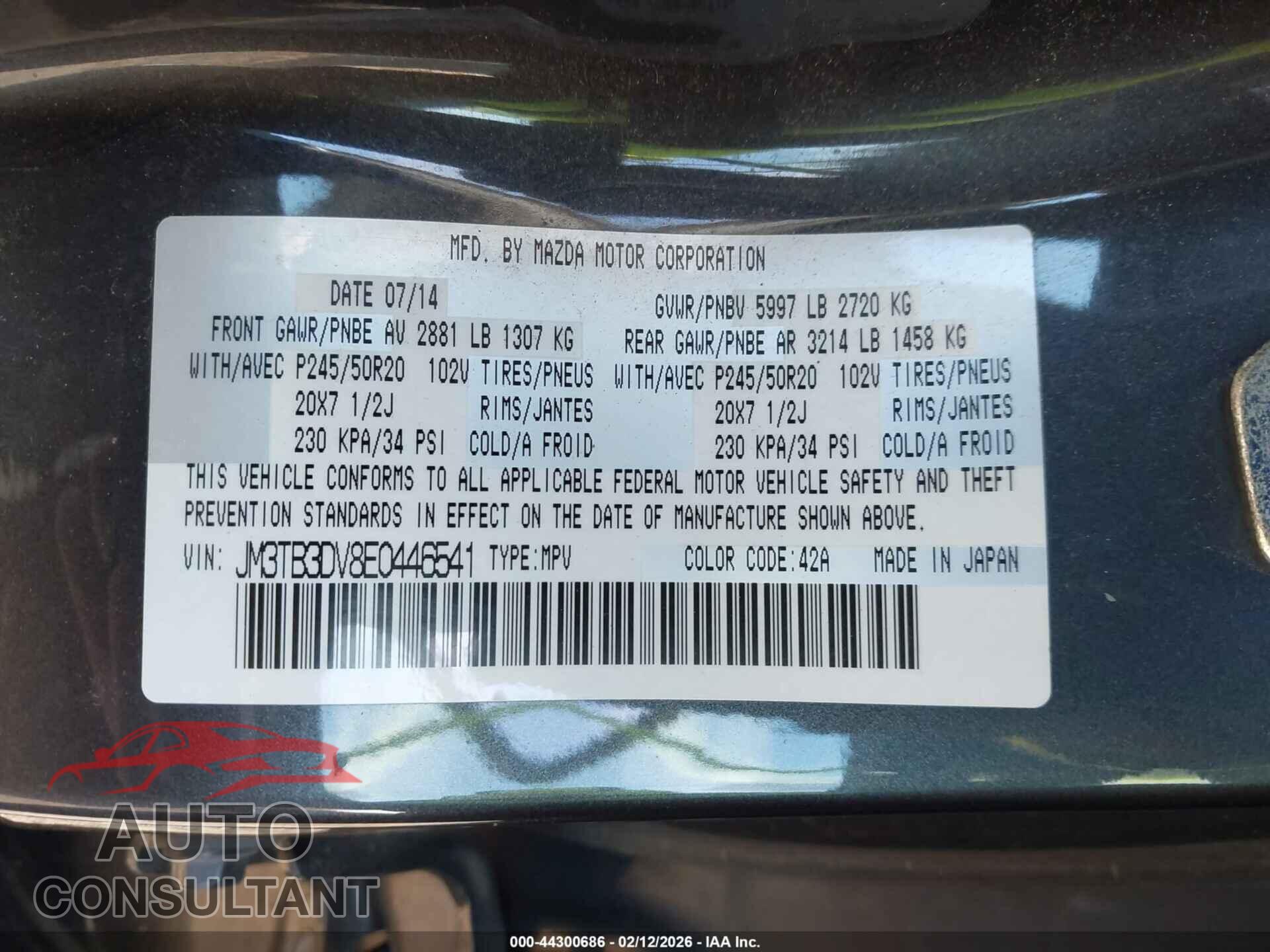 MAZDA CX-9 2014 - JM3TB3DV8E0446541