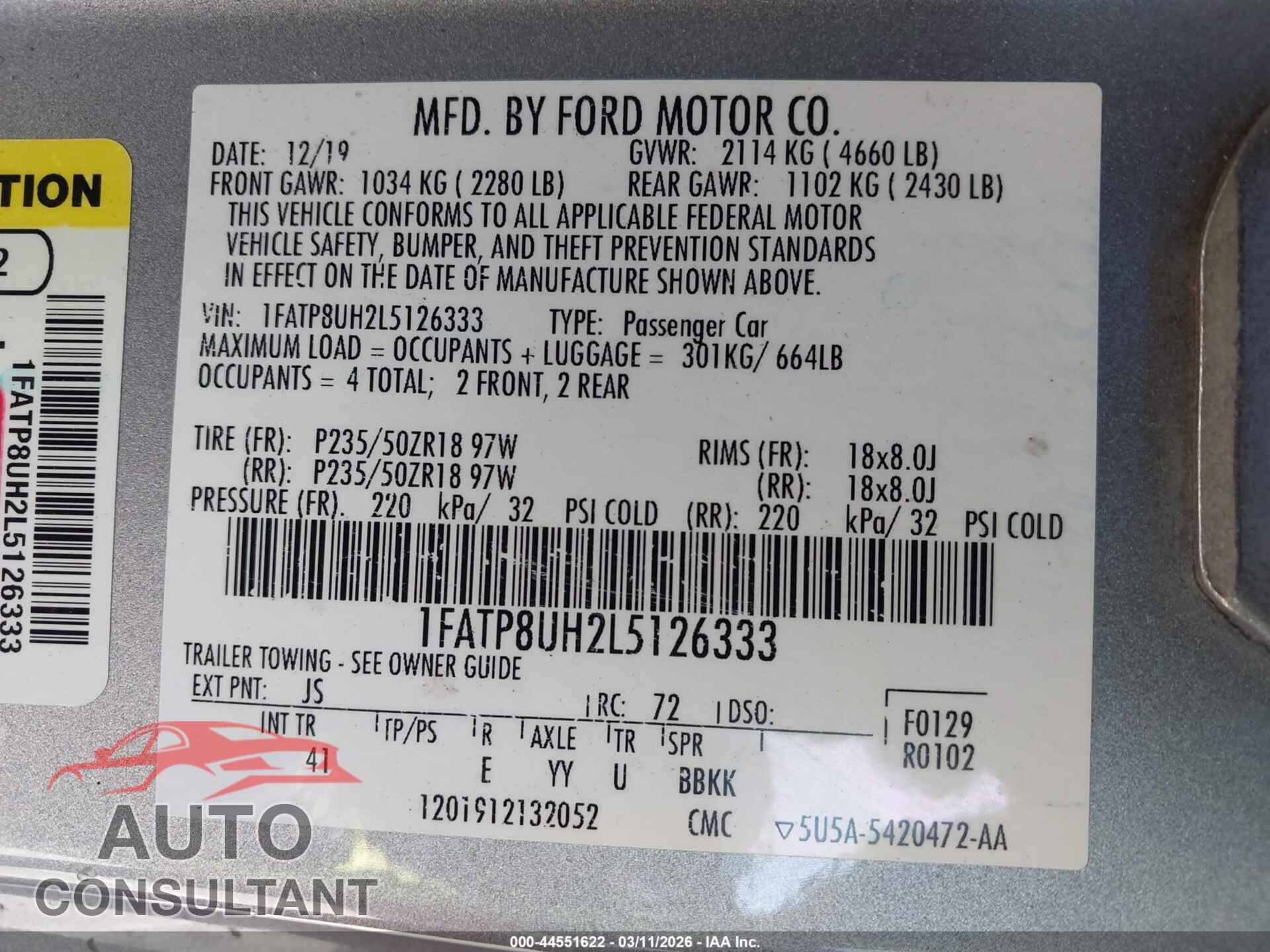 FORD MUSTANG 2020 - 1FATP8UH2L5126333
